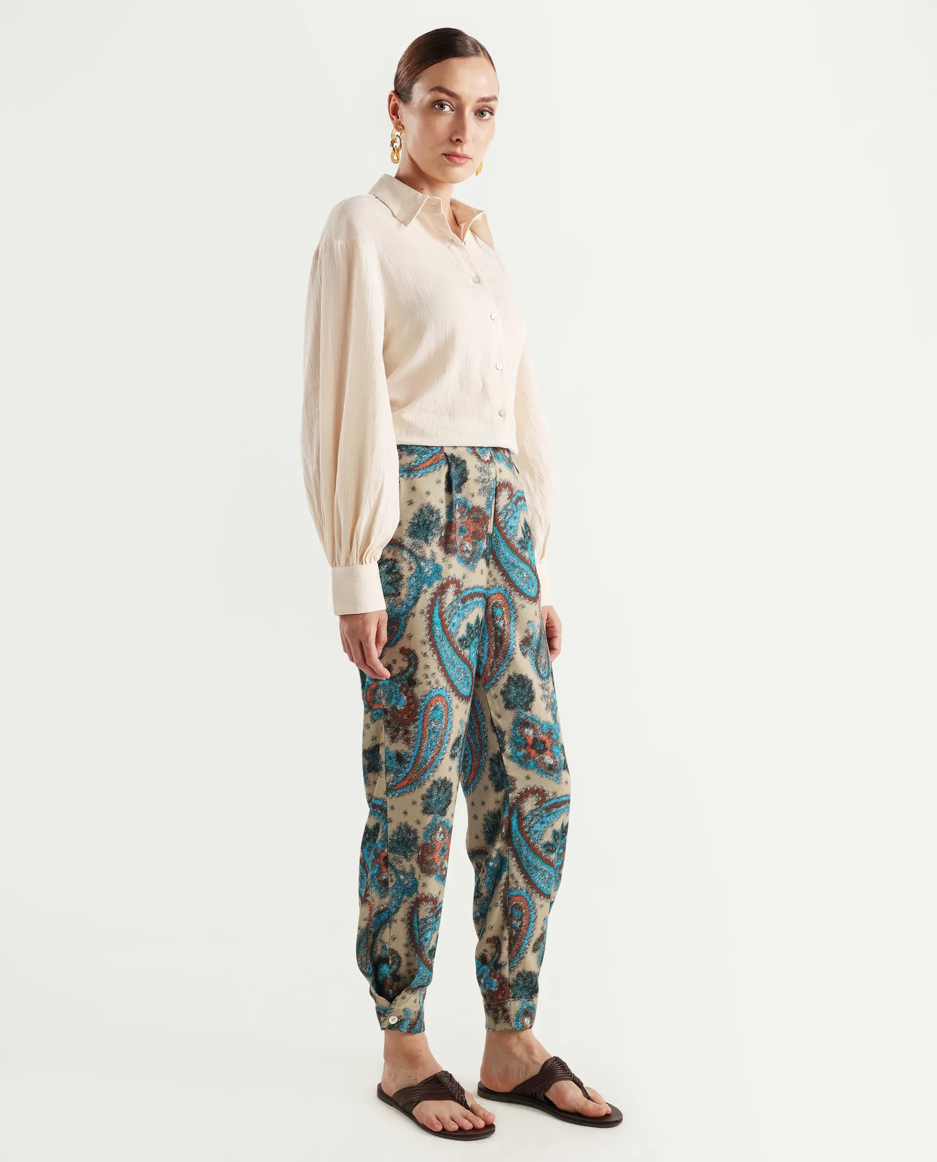 Rareism Women's Posrita Multi Polyester Paisley Print Ankle Length Straight Fit Trouser