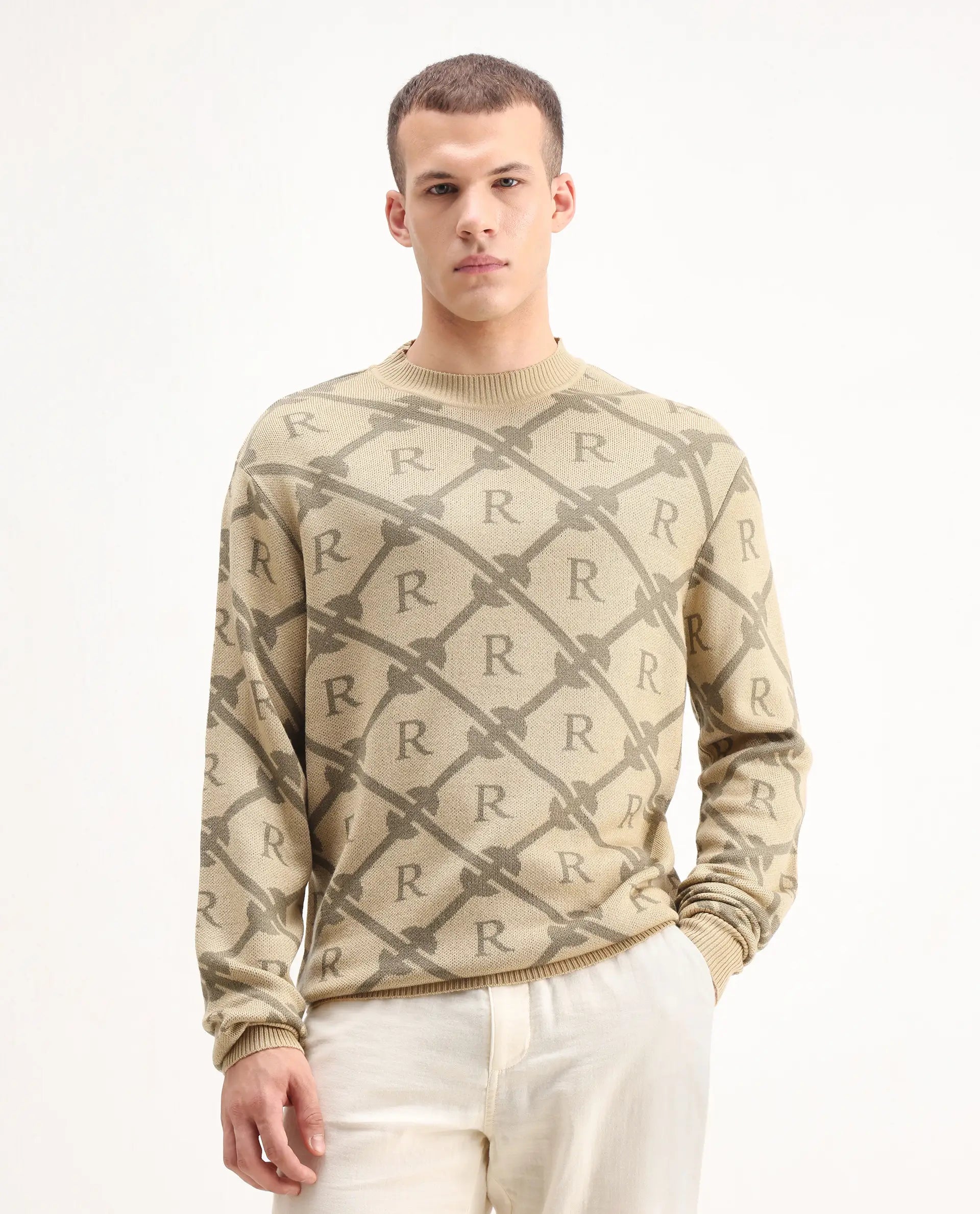 Rare Rabbit Men's Post Beige Acrylic Monogram Print Regular Fit Full Sleeve Crew Neck Sweater