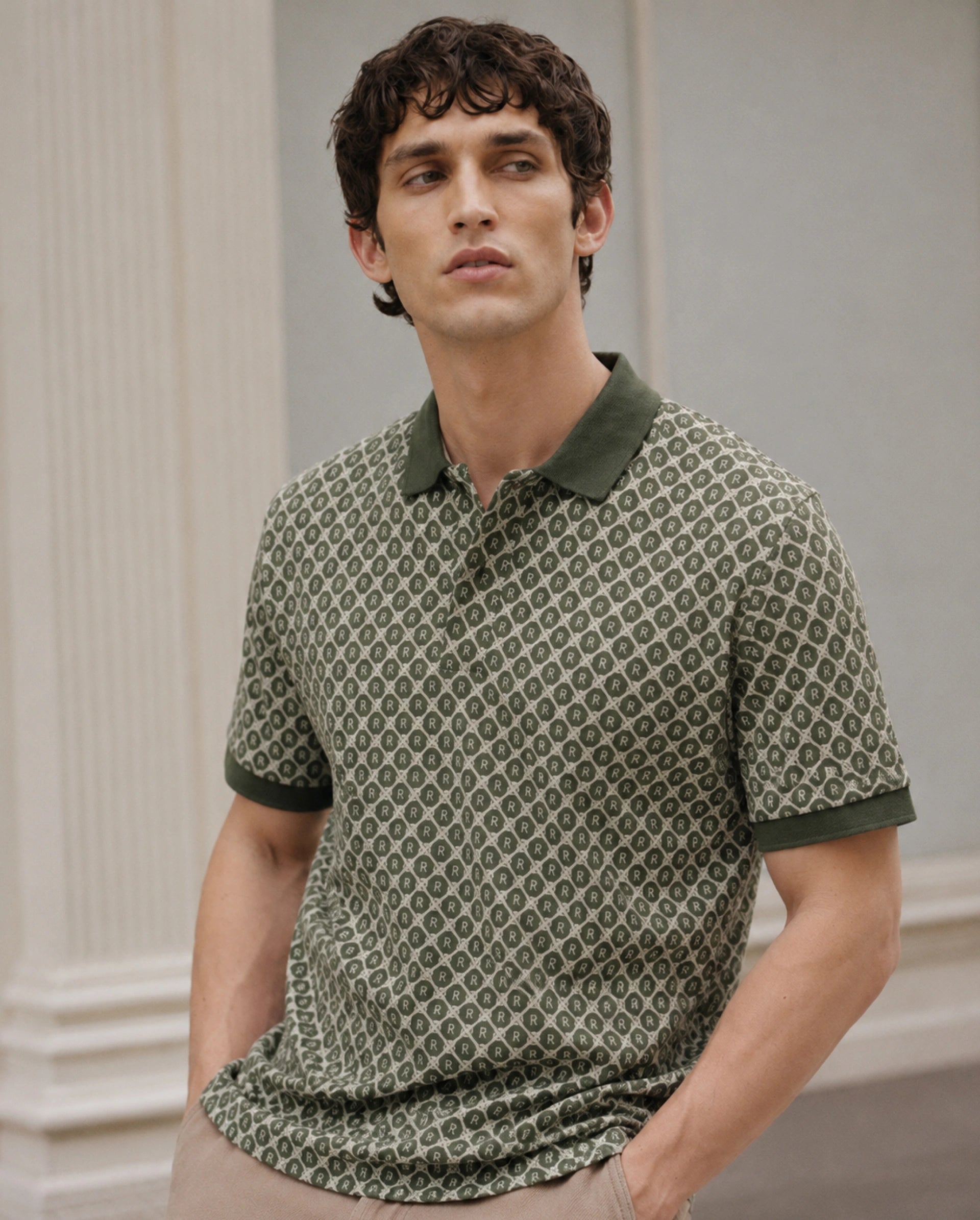 Rare Rabbit Men's Post-P Olive Cotton Blend Spread Collar Regular Monogram Print Polo