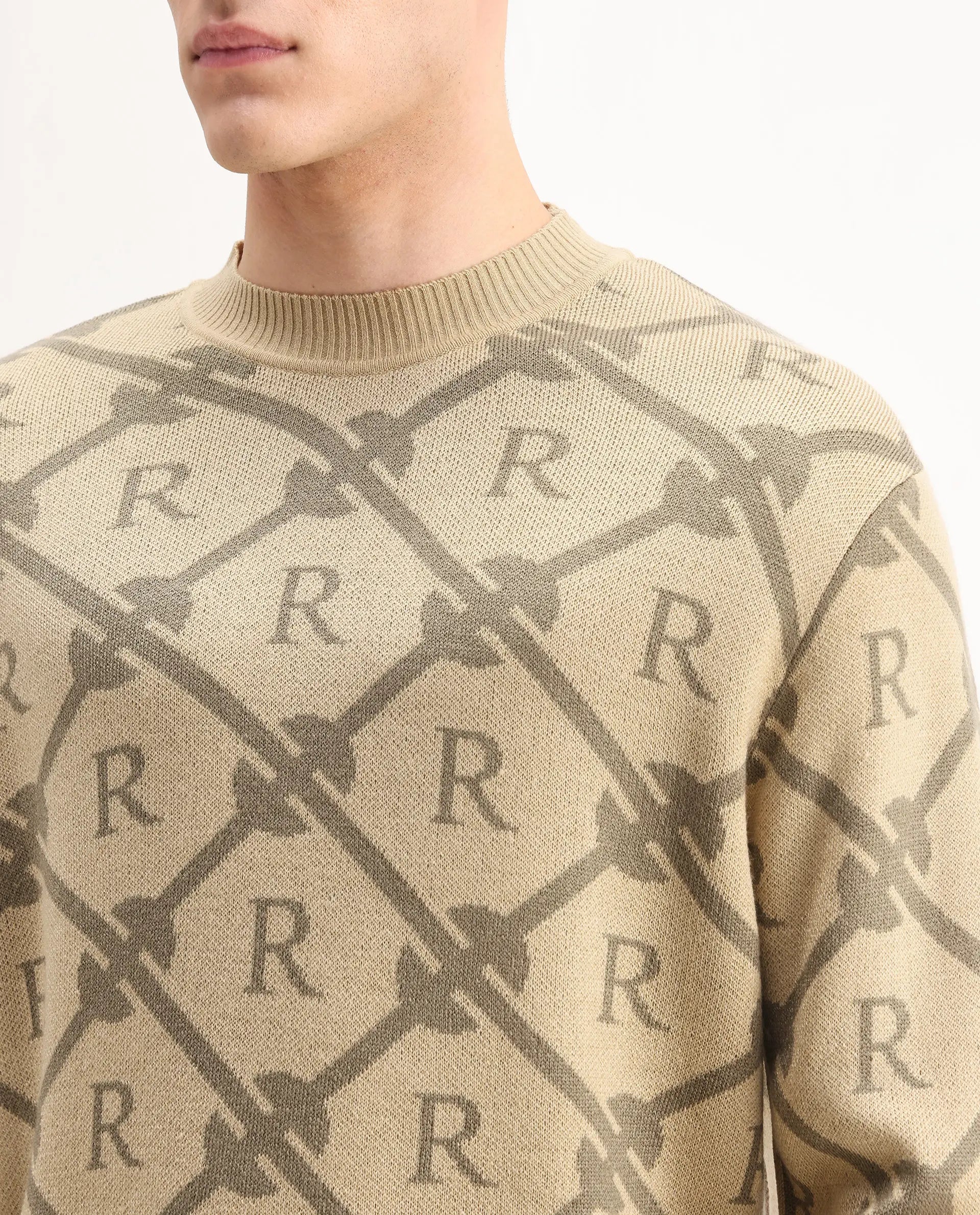 Rare Rabbit Men's Post Beige Acrylic Monogram Print Regular Fit Full Sleeve Crew Neck Sweater