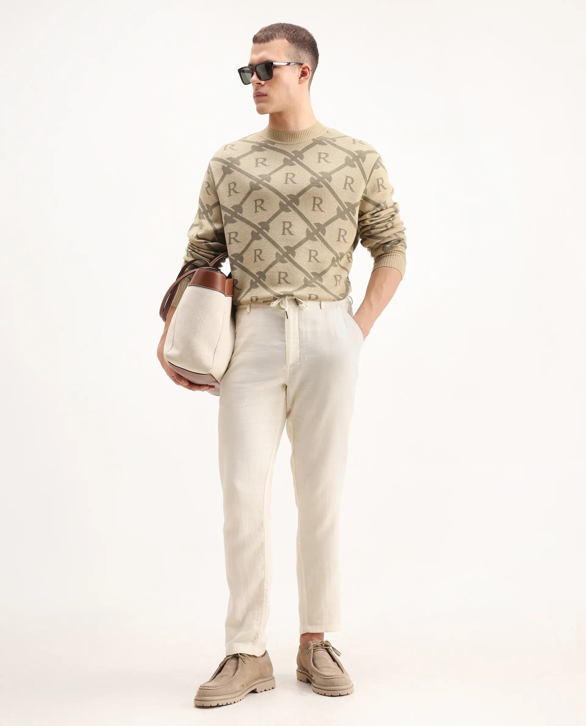 Rare Rabbit Men's Post Beige Acrylic Monogram Print Regular Fit Full Sleeve Crew Neck Sweater