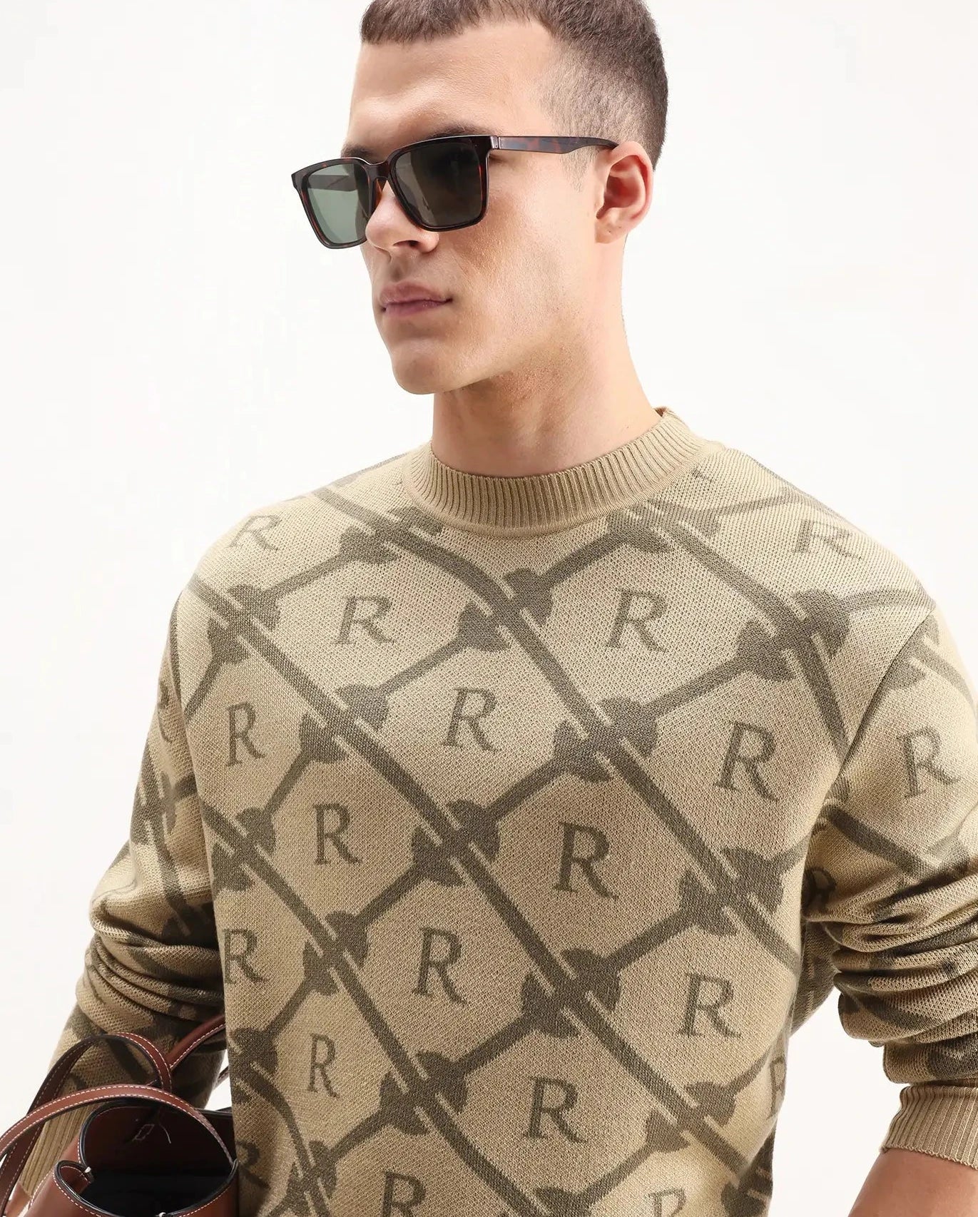 Rare Rabbit Men's Post Beige Acrylic Monogram Print Regular Fit Full Sleeve Crew Neck Sweater
