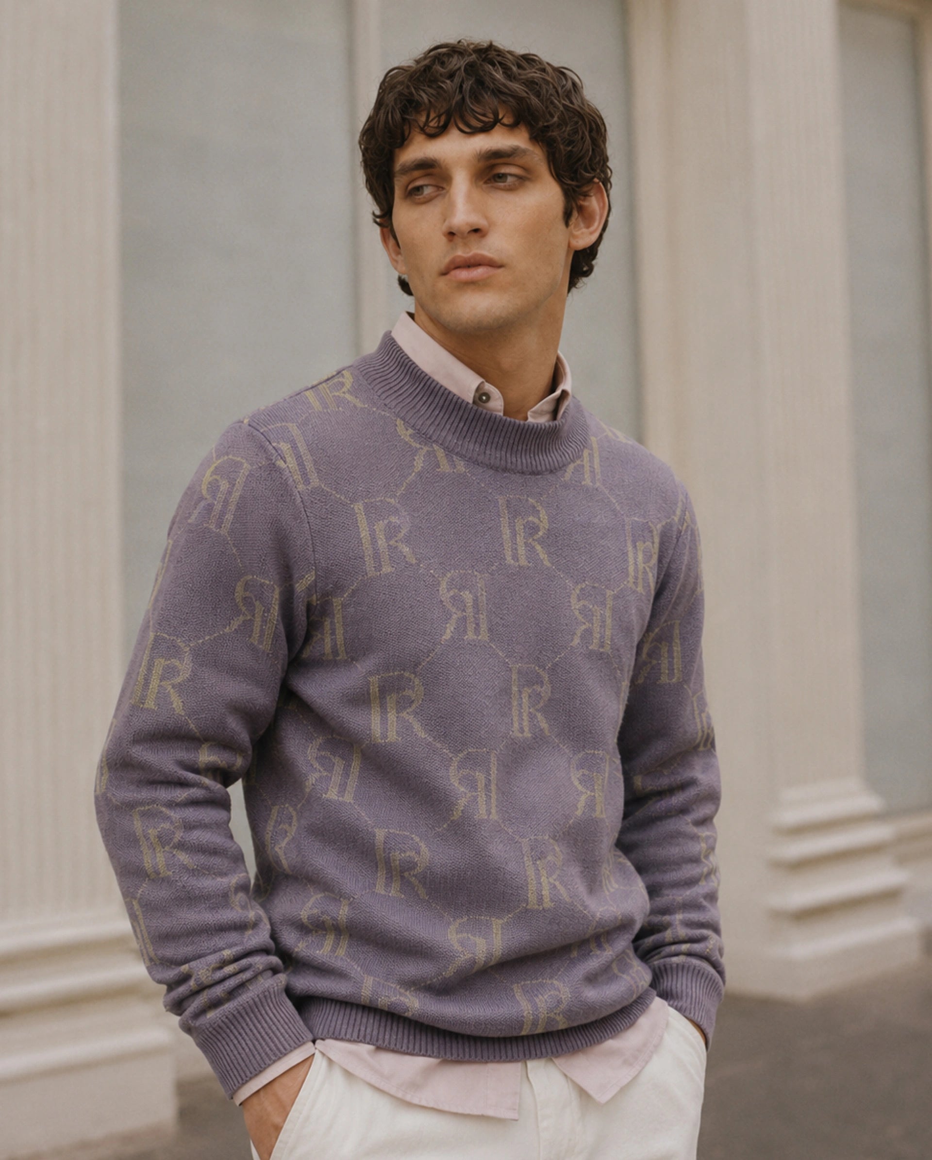 Rare Rabbit Men's Poston Dusky Purple Cotton Blend Regular Fit Monogram Print Sweater