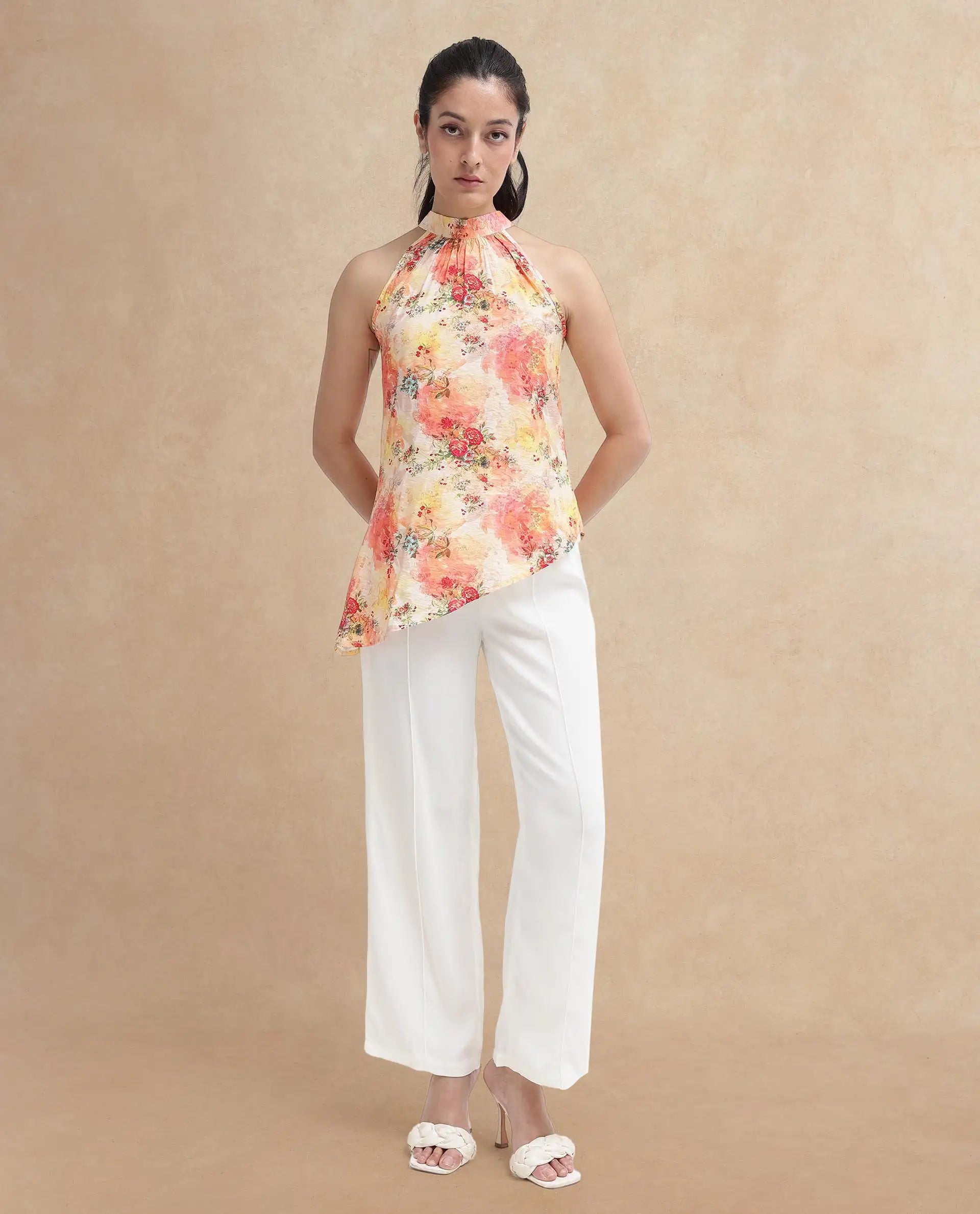 Rareism Women Potenza Pastel Multi Sleeveless Halter Neck Tie Up Floral Print Top