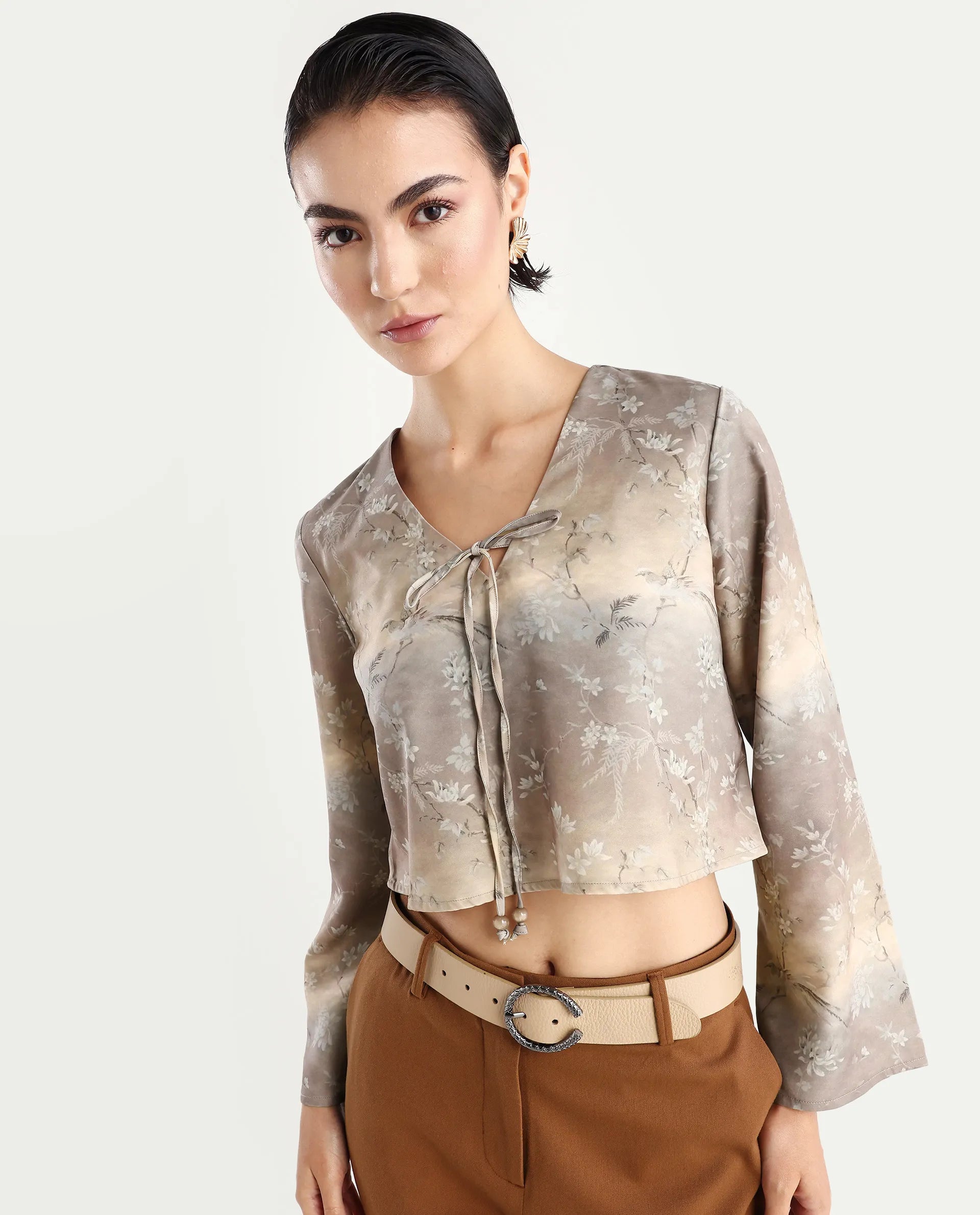 Rareism Women's Poulop Dusky Black Satin V-Neck Floral Print Bell Sleeve Crop Regular Fit Top