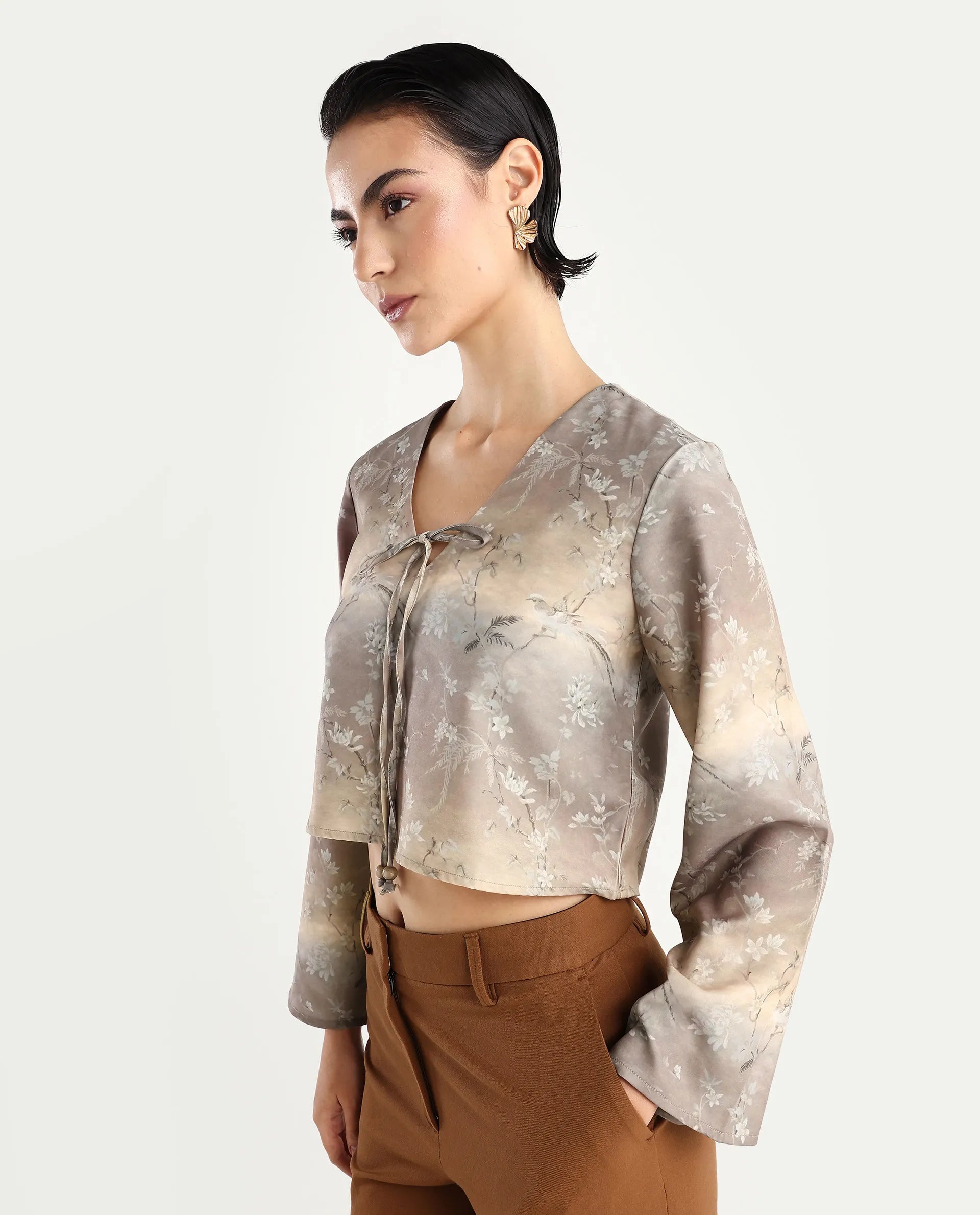 Rareism Women's Poulop Dusky Black Satin V-Neck Floral Print Bell Sleeve Crop Regular Fit Top