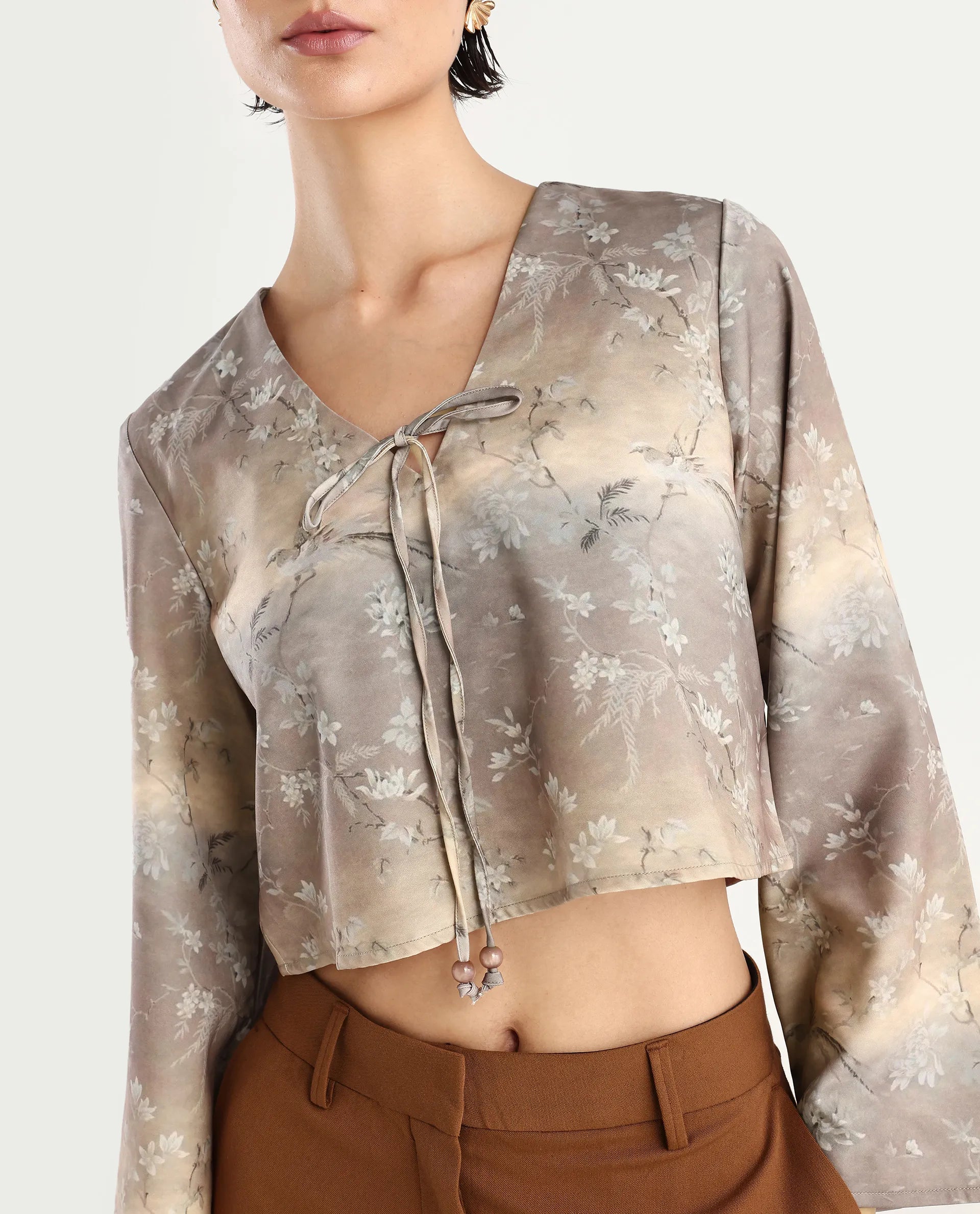 Rareism Women's Poulop Dusky Black Satin V-Neck Floral Print Bell Sleeve Crop Regular Fit Top