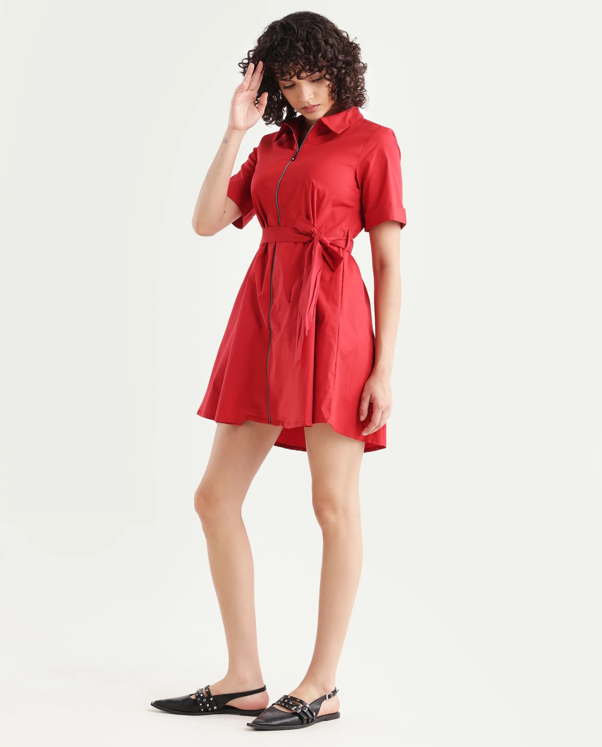 Rareism Women's Poutf Rust Cotton Blend Drop Collar Plain Mini Flared Dress