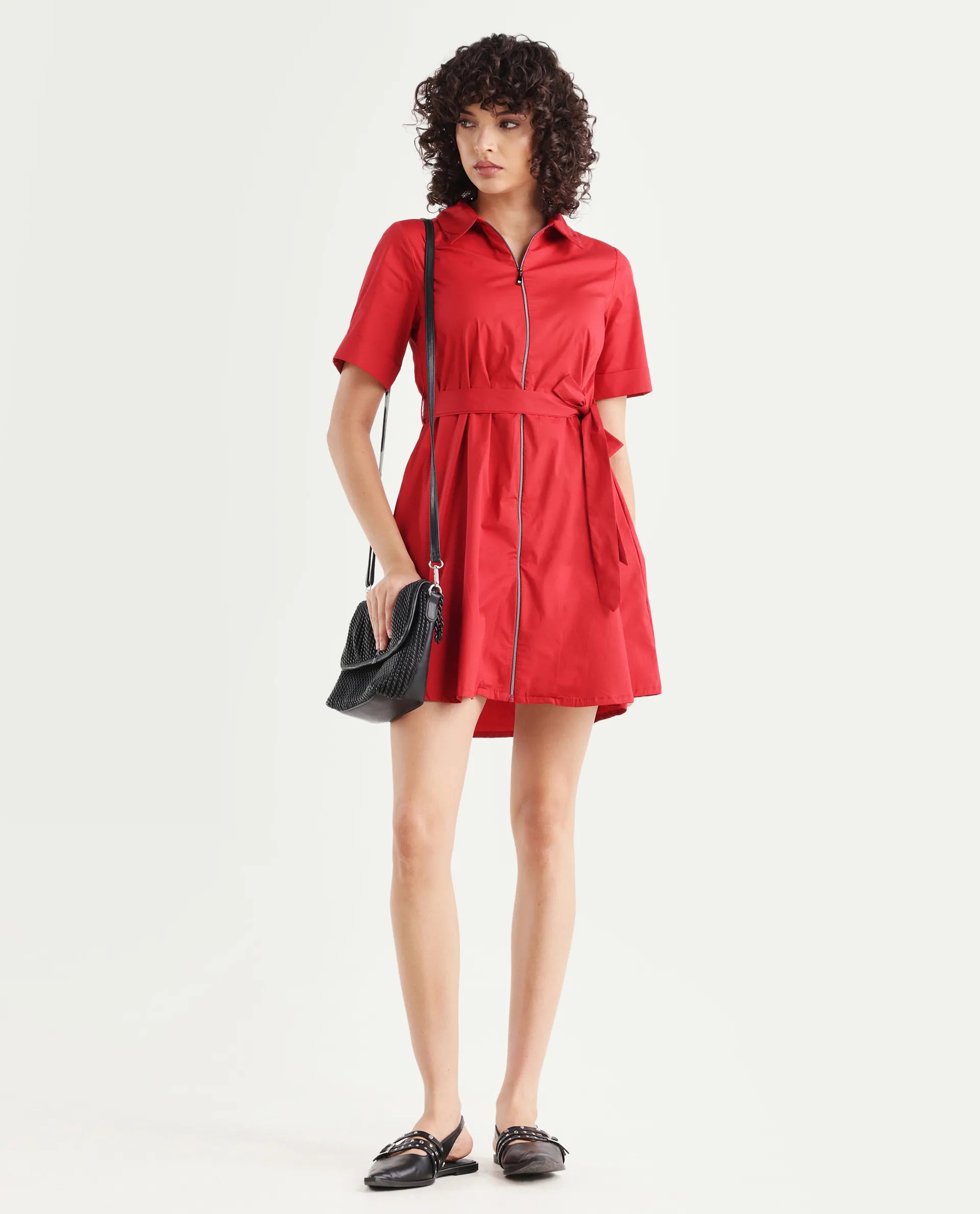 Rareism Women's Poutf Rust Cotton Blend Drop Collar Plain Mini Flared Dress