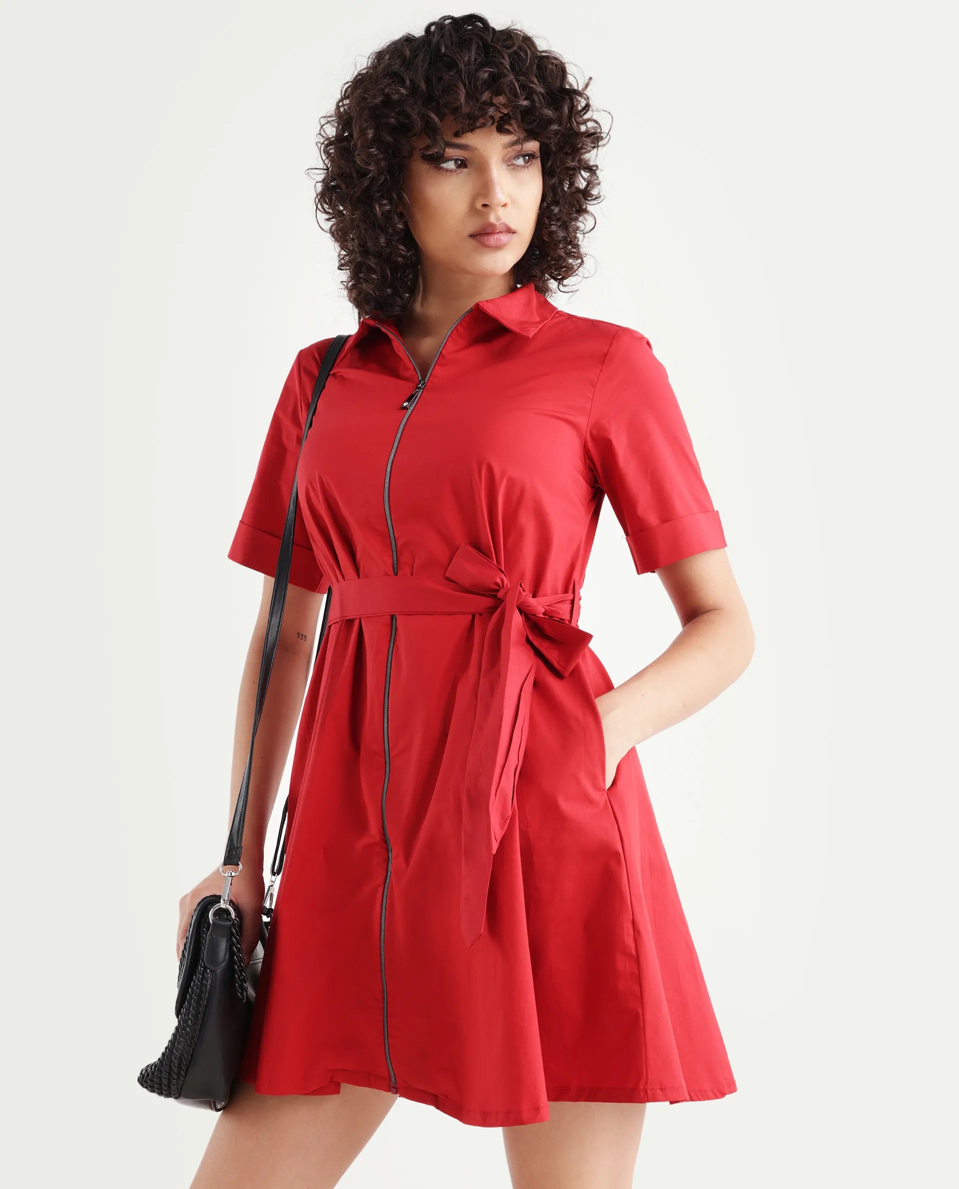 Rareism Women's Poutf Rust Cotton Blend Drop Collar Plain Mini Flared Dress