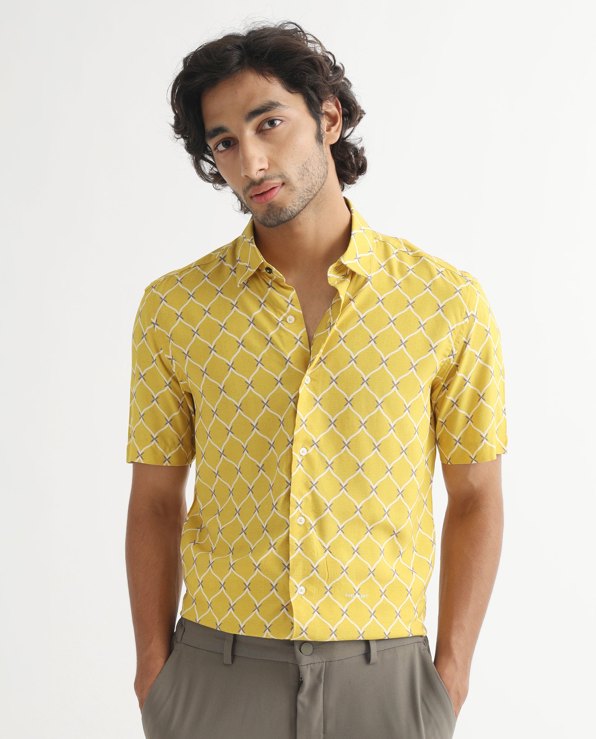 Rare Rabbit Men's Braga Mustard Viscose Fabric Geometric Print Half Sleeves Shirt