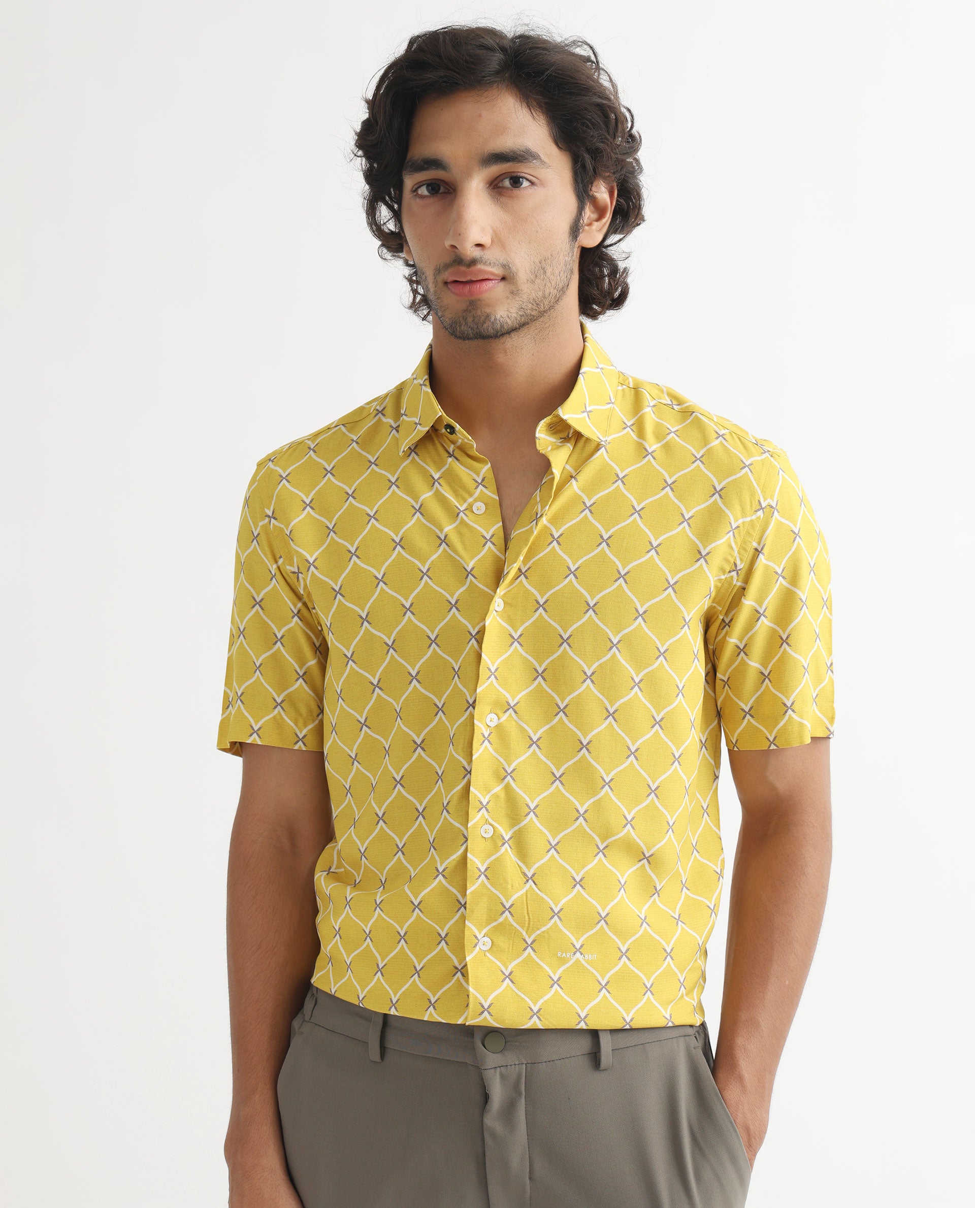 Rare Rabbit Men's Braga Mustard Viscose Fabric Geometric Print Half Sleeves Shirt