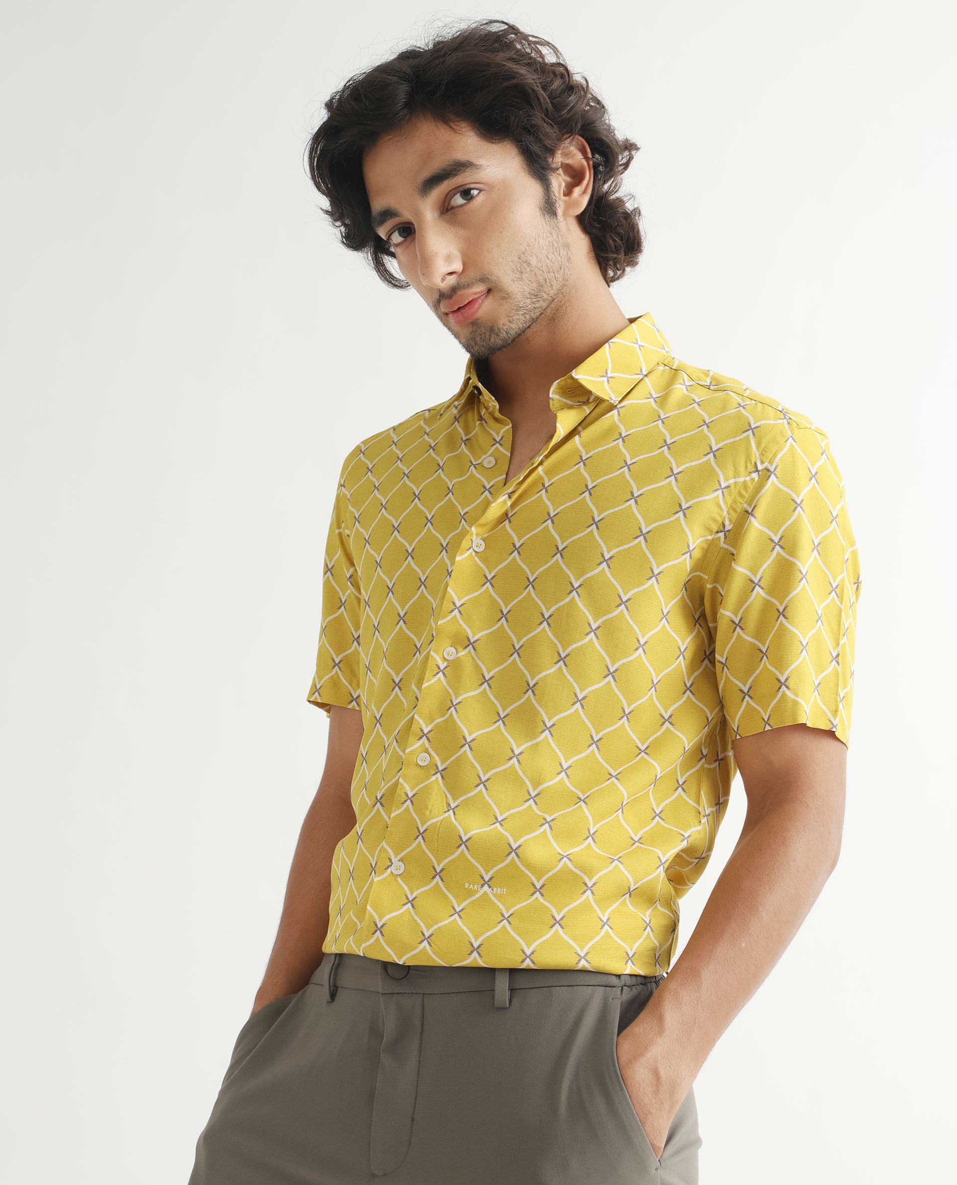Rare Rabbit Men's Braga Mustard Viscose Fabric Geometric Print Half Sleeves Shirt