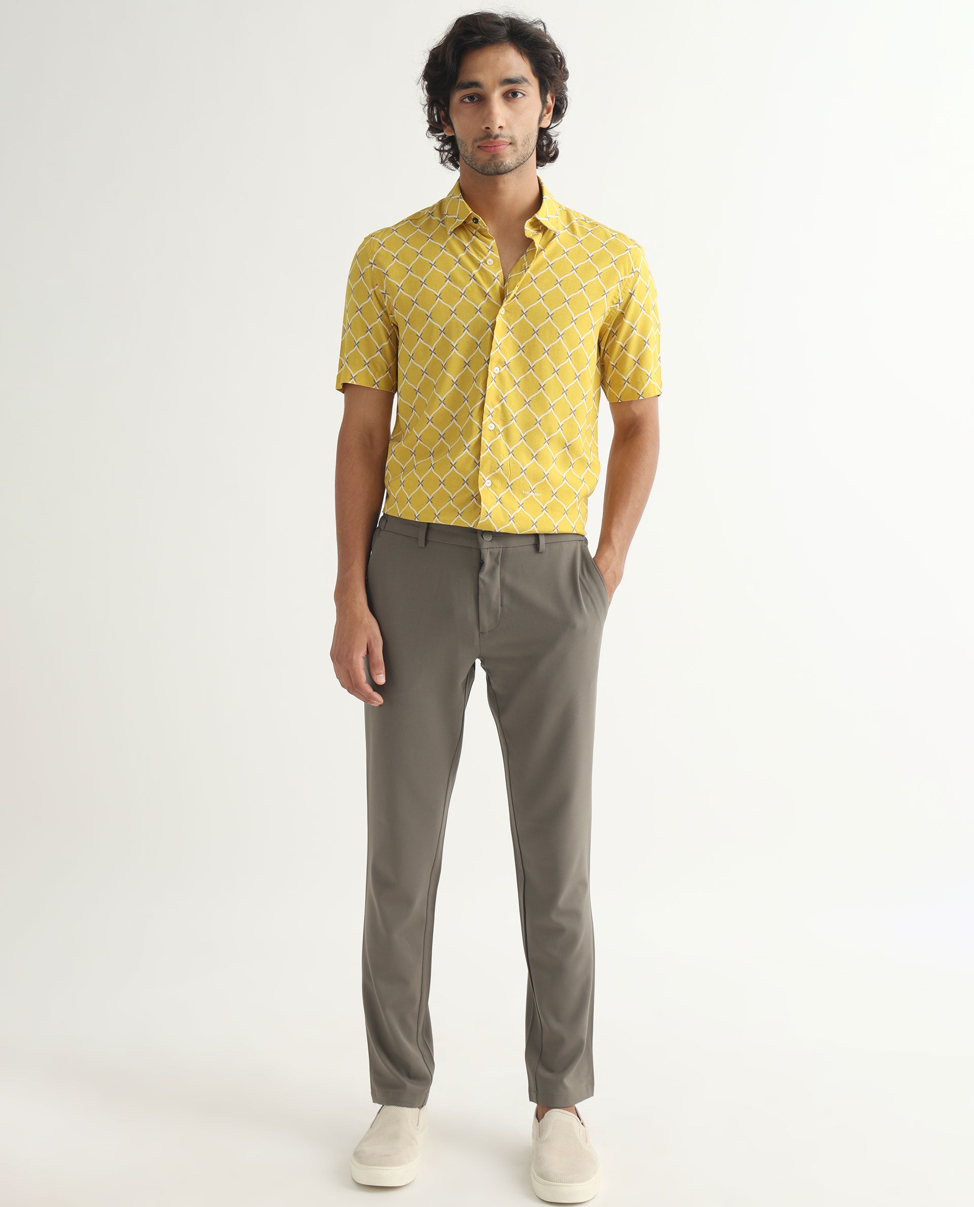 Rare Rabbit Men's Braga Mustard Viscose Fabric Geometric Print Half Sleeves Shirt