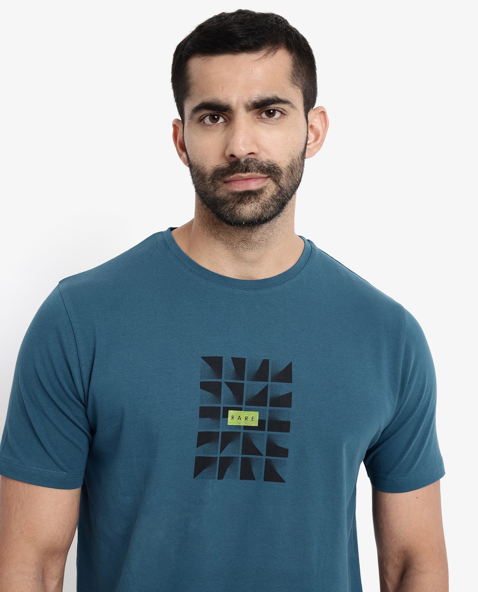 Rare Rabbit Men Pran Turq Cotton Fabric Short Sleeve Crew Neck Regular Fit Graphic Print T-Shirt