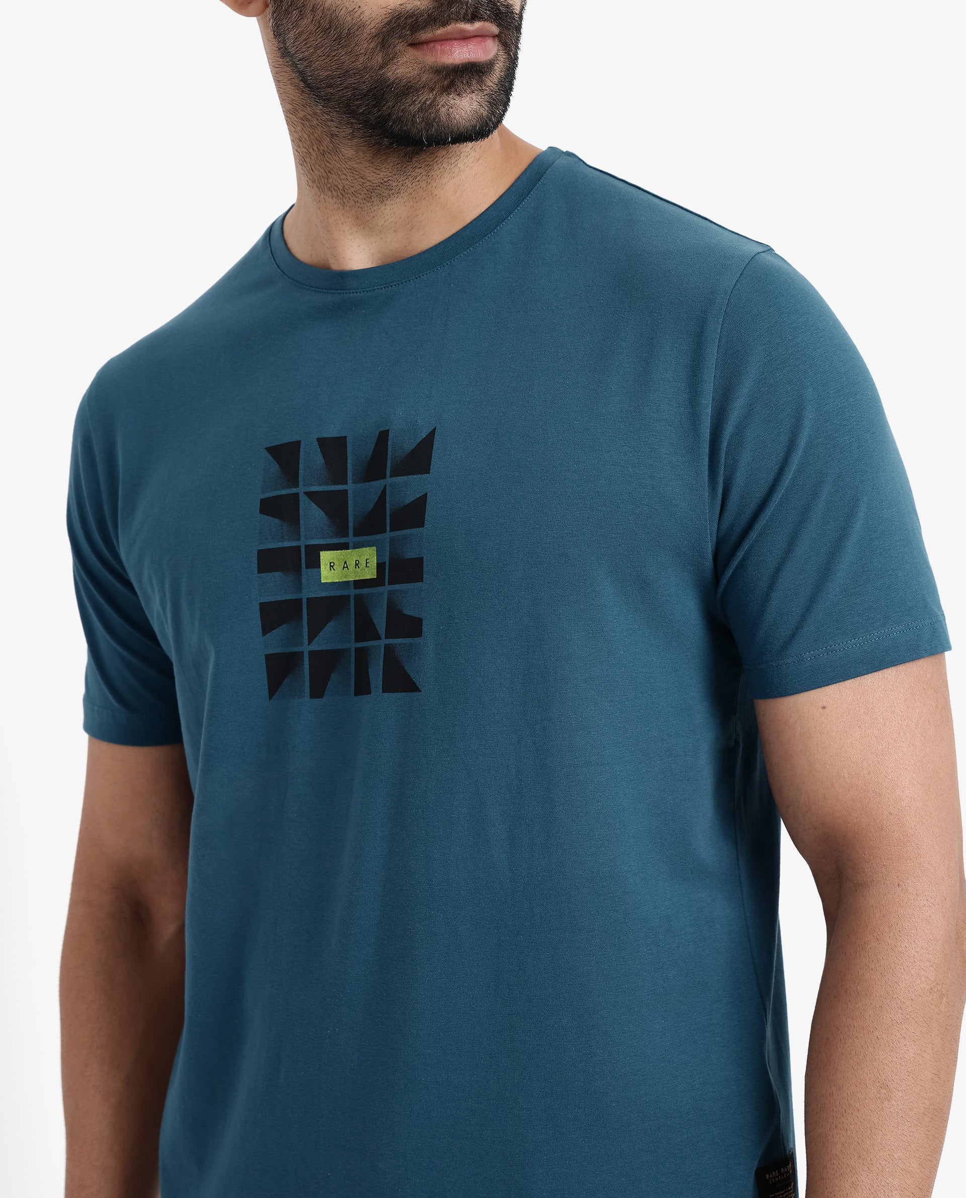 Rare Rabbit Men Pran Turq Cotton Fabric Short Sleeve Crew Neck Regular Fit Graphic Print T-Shirt