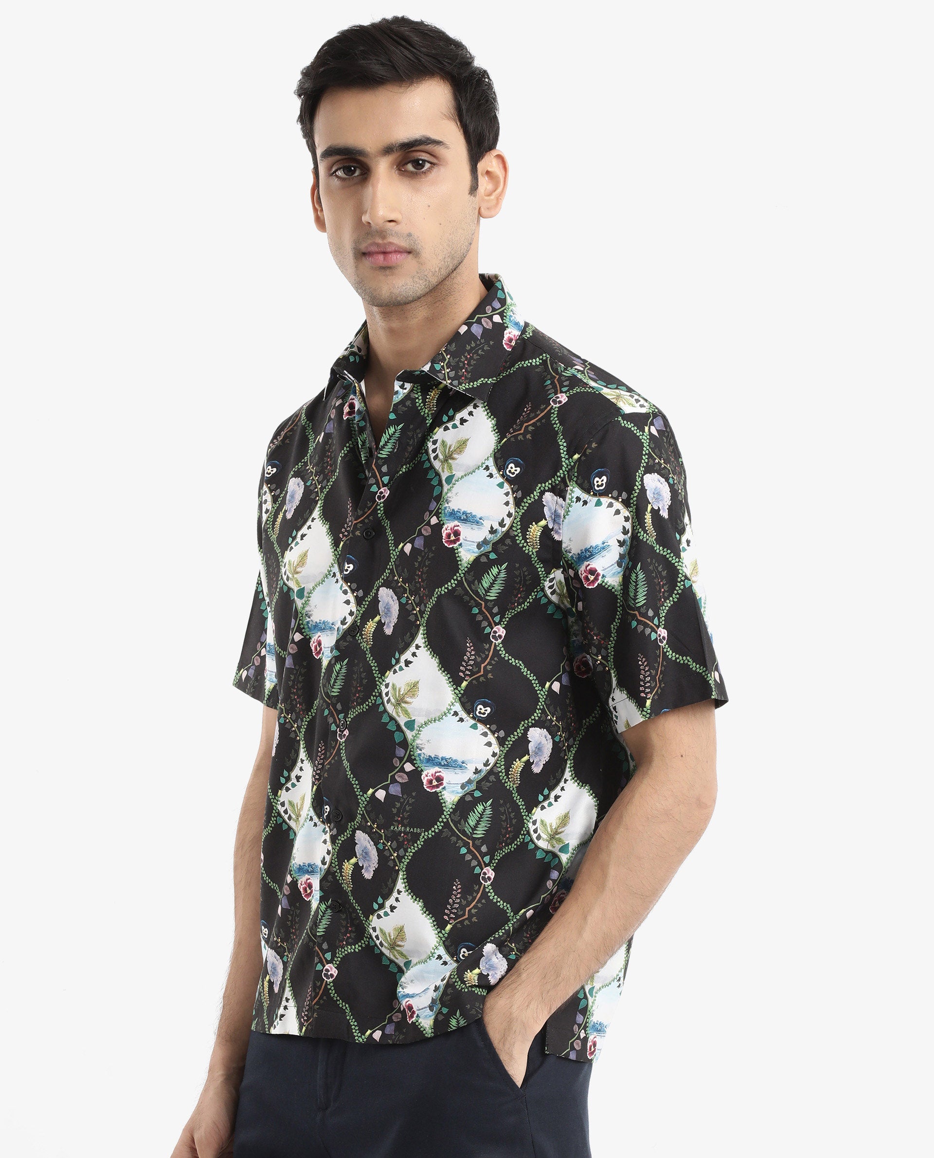 Rare Rabbit Men's Pran Black Viscose Fabric Short Sleeve Regular Fit Botanical Print Shirt