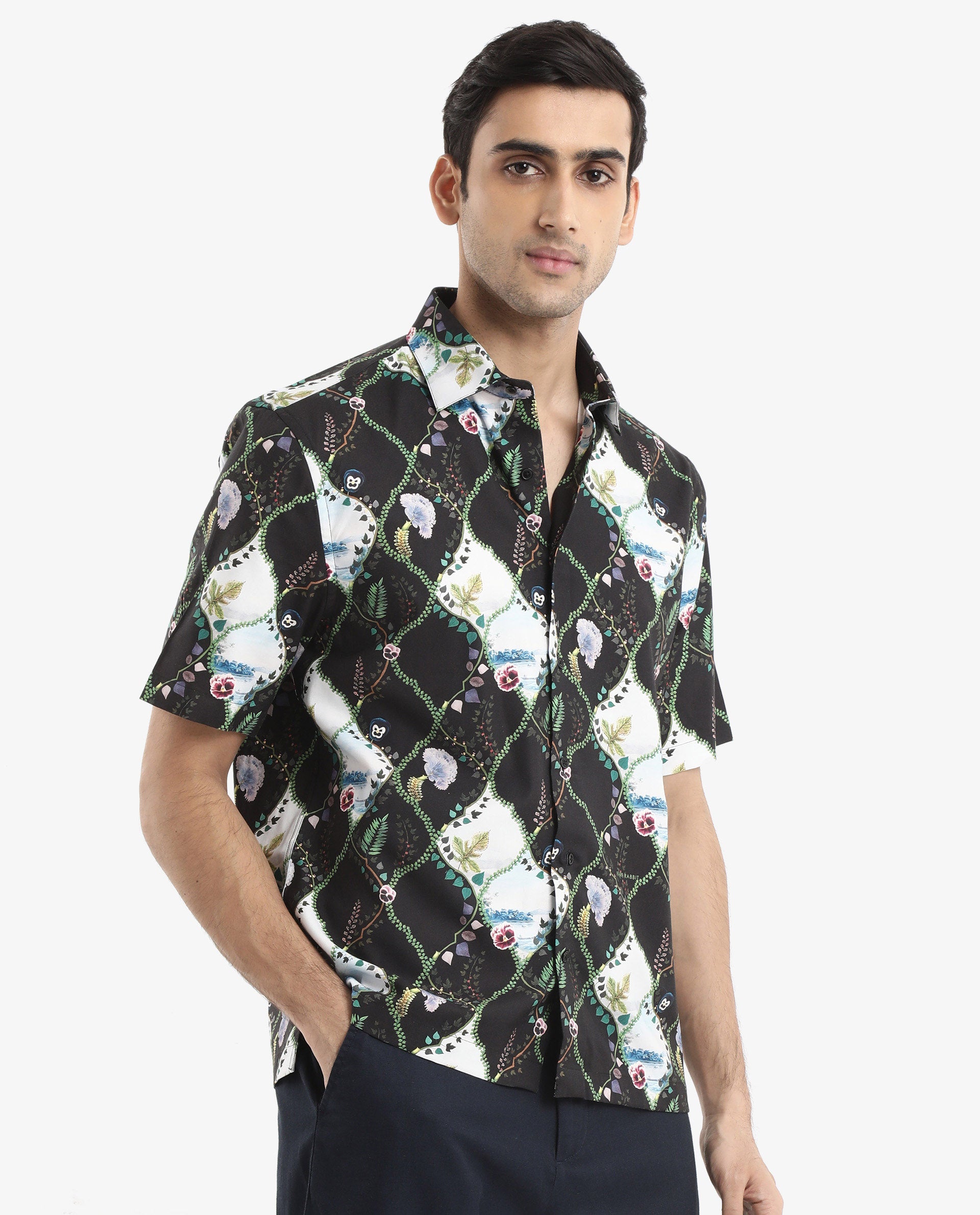 Rare Rabbit Men's Pran Black Viscose Fabric Short Sleeve Regular Fit Botanical Print Shirt