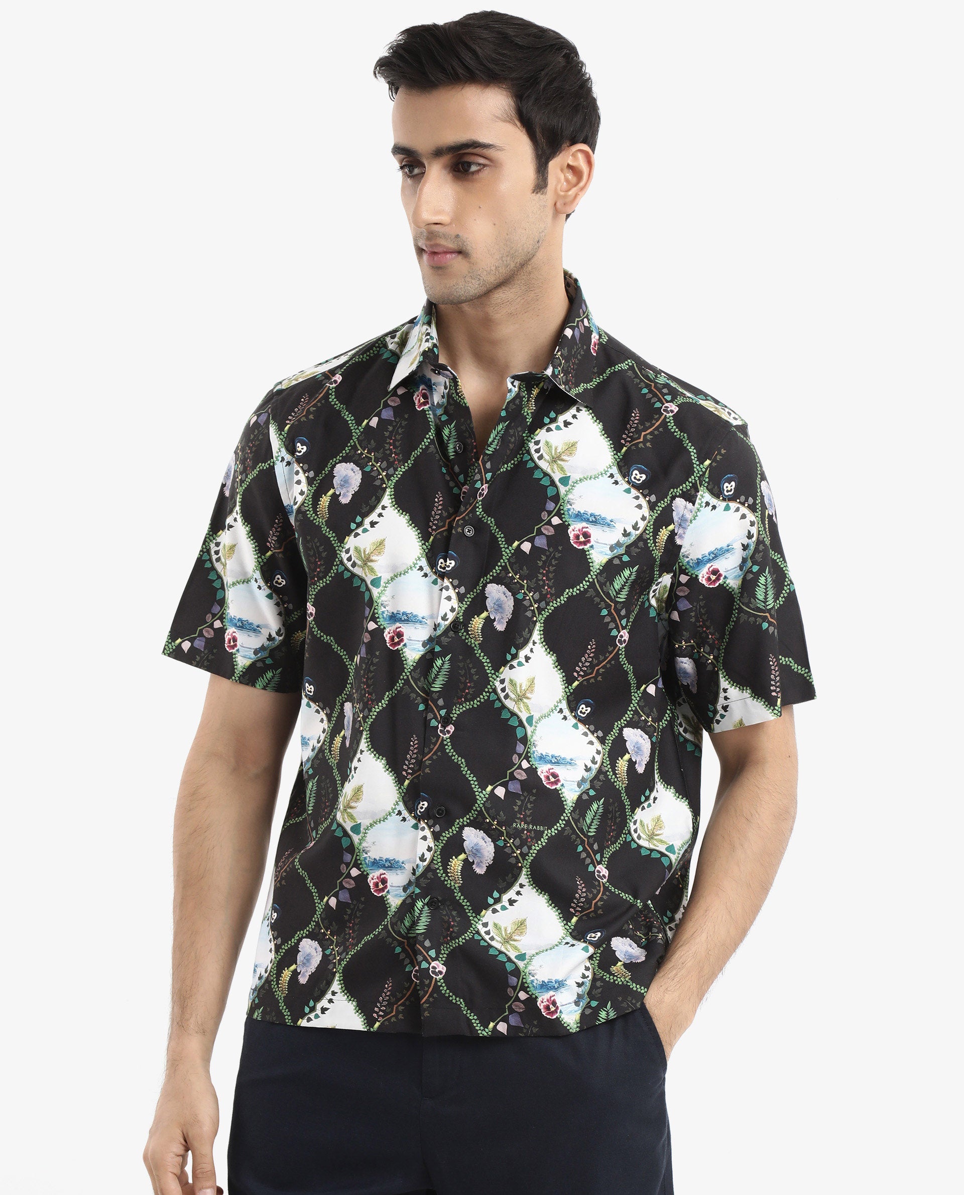 Rare Rabbit Men's Pran Black Viscose Fabric Short Sleeve Regular Fit Botanical Print Shirt
