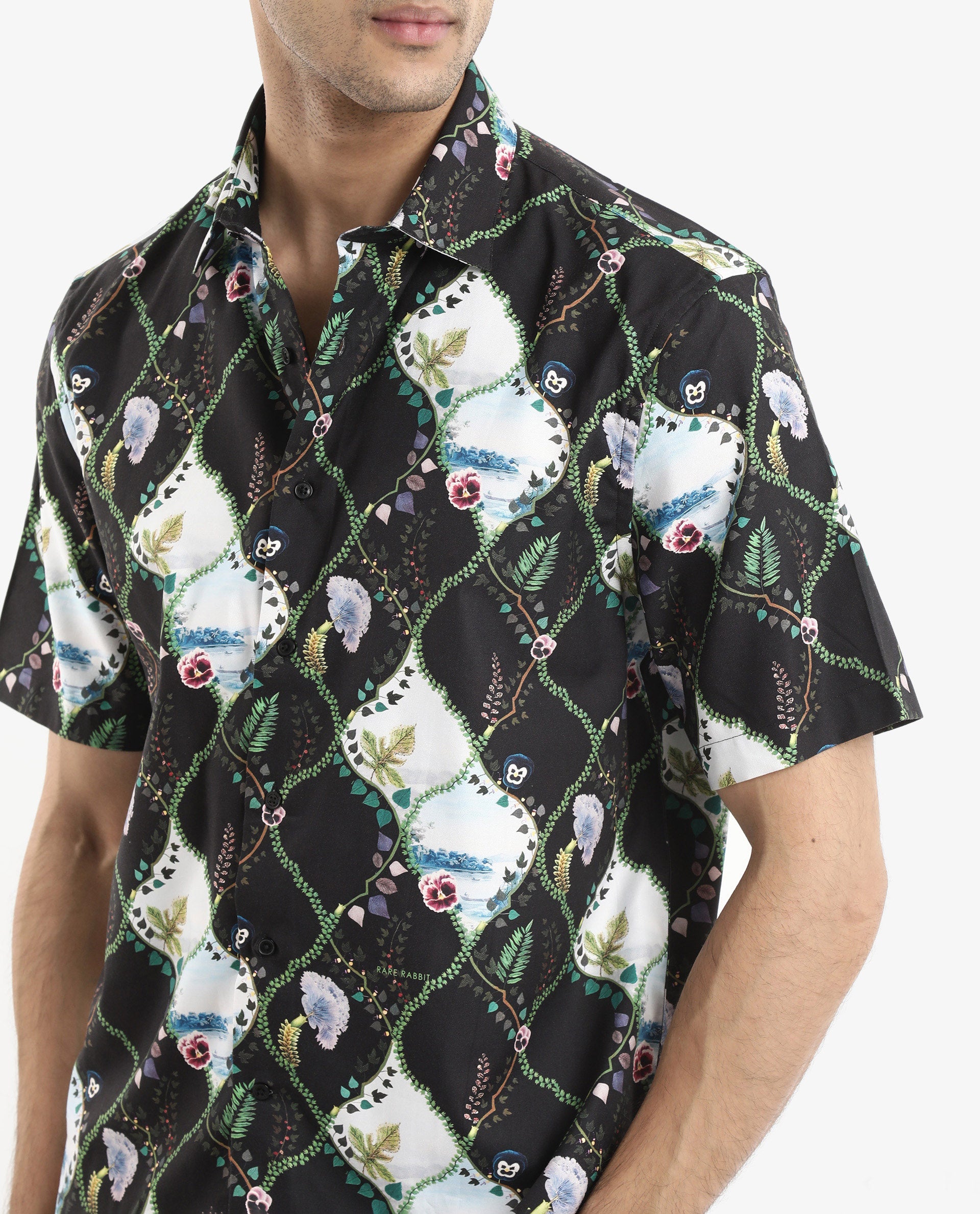 Rare Rabbit Men's Pran Black Viscose Fabric Short Sleeve Regular Fit Botanical Print Shirt