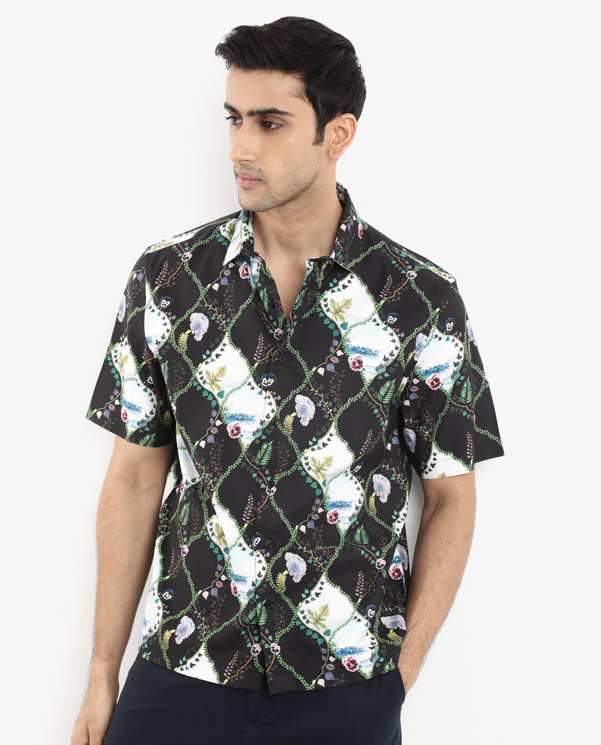Rare Rabbit Men's Pran Black Viscose Fabric Short Sleeve Regular Fit Botanical Print Shirt