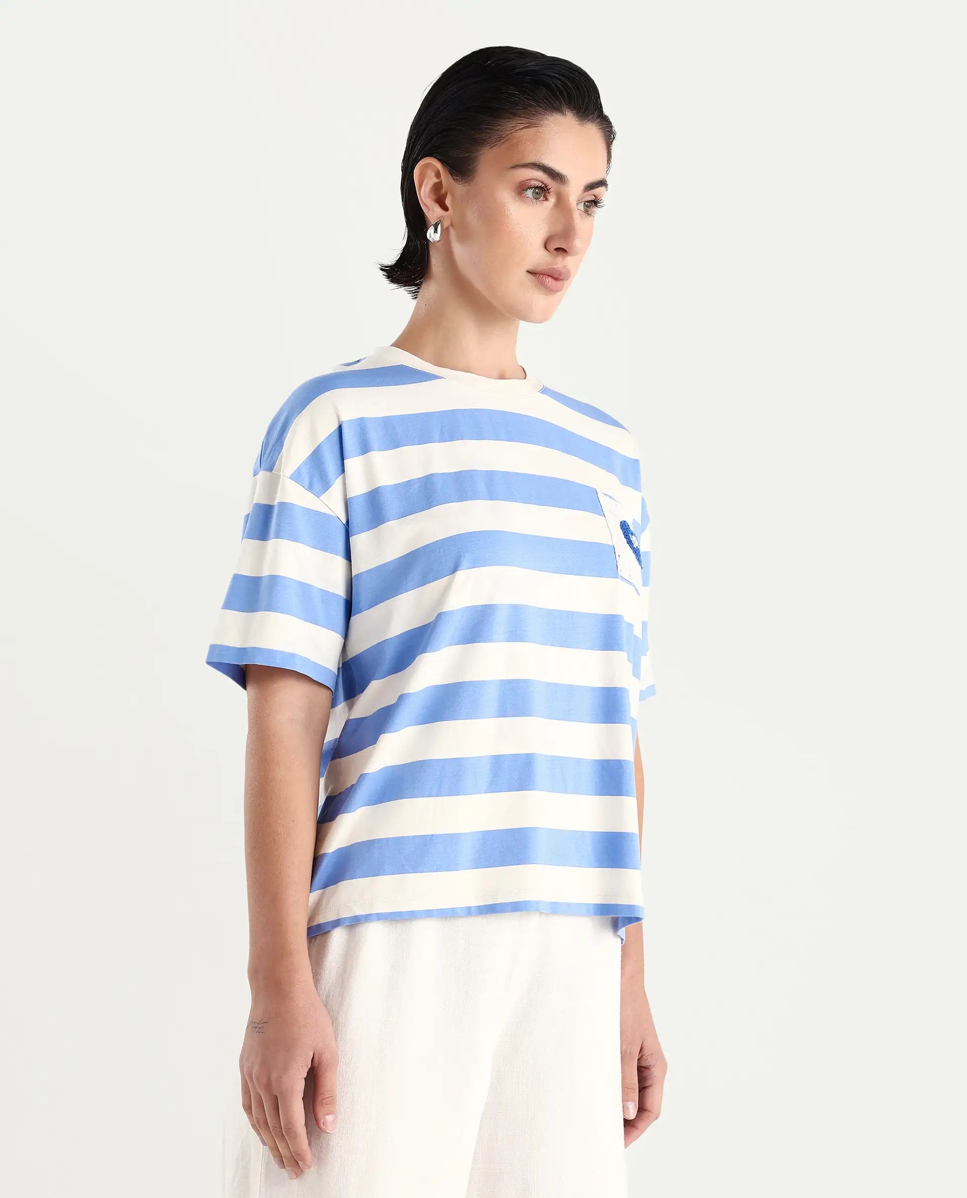 Rareism Women's Prandant Blue Cotton Blend Crew Neck Striped Boxy Fit T-Shirt