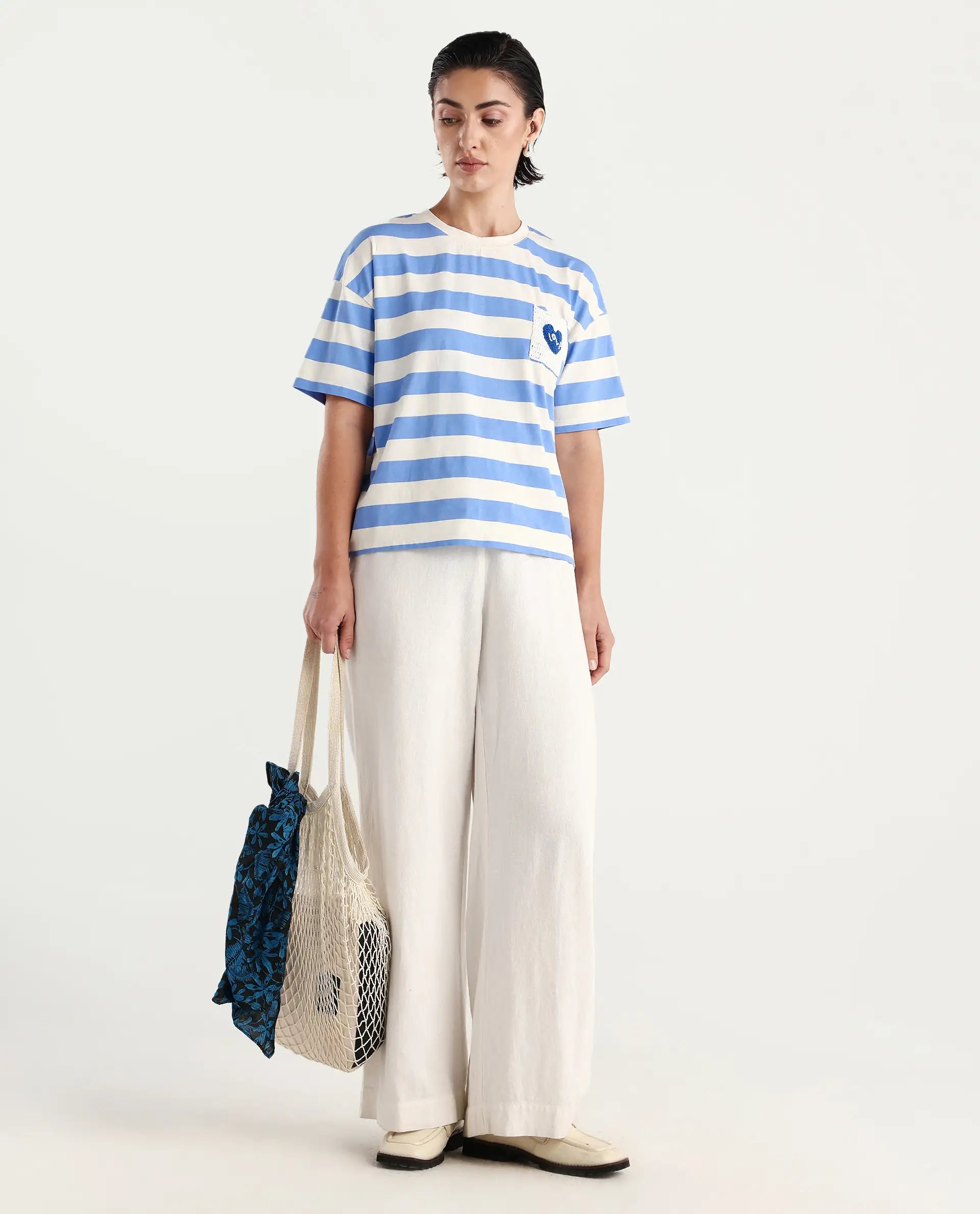 Rareism Women's Prandant Blue Cotton Blend Crew Neck Striped Boxy Fit T-Shirt