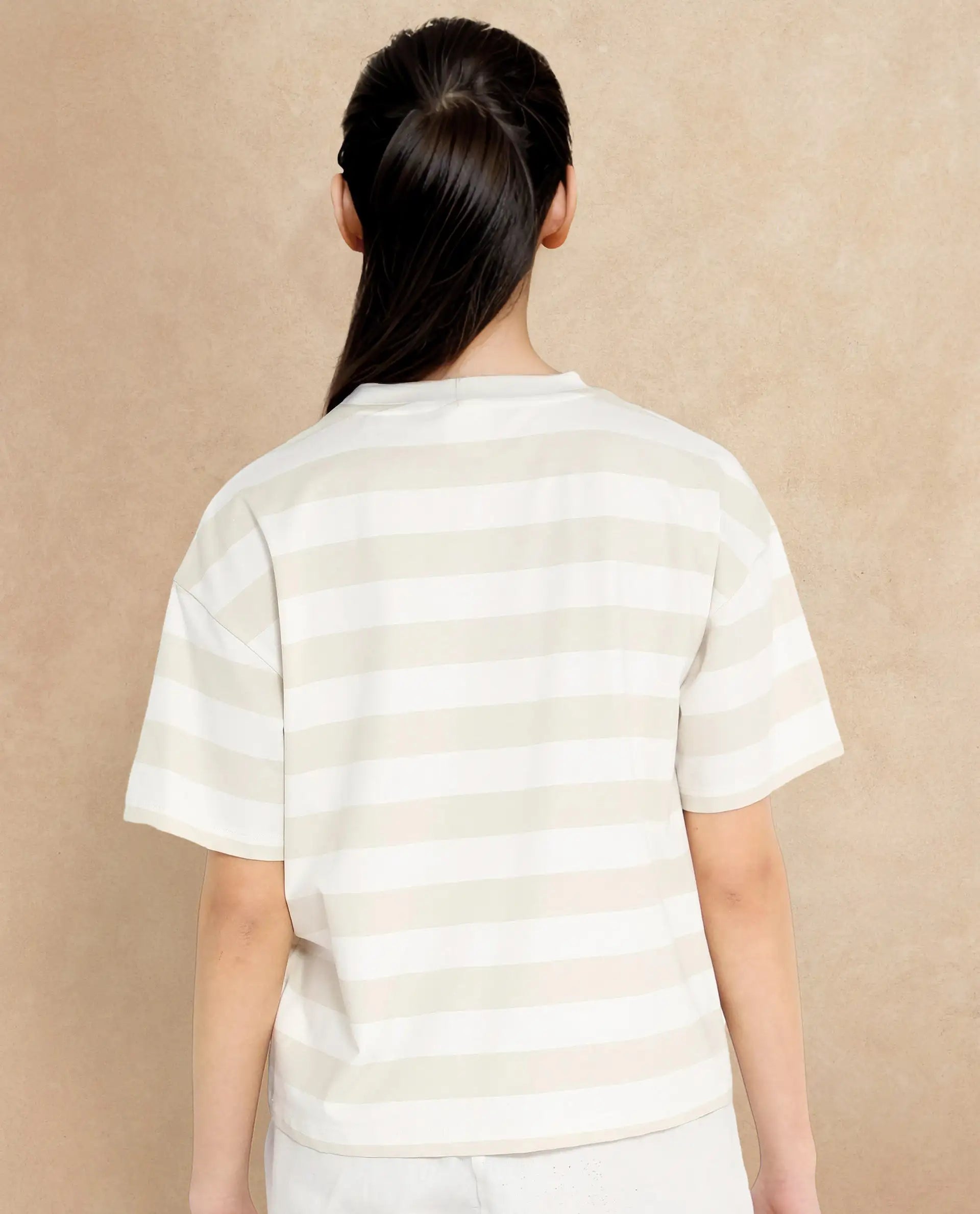 Rareism Women's Prandant Off White Cotton Blend Crew Neck Striped Boxy Fit T-Shirt