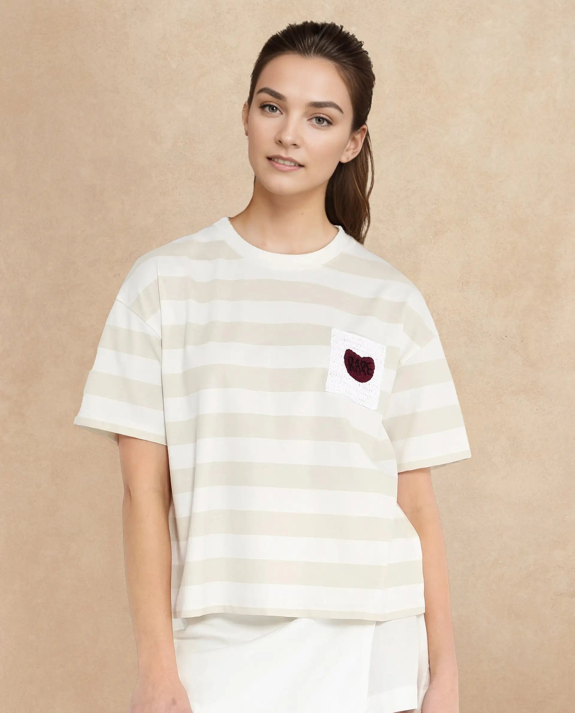 Rareism Women's Prandant Off White Cotton Blend Crew Neck Striped Boxy Fit T-Shirt