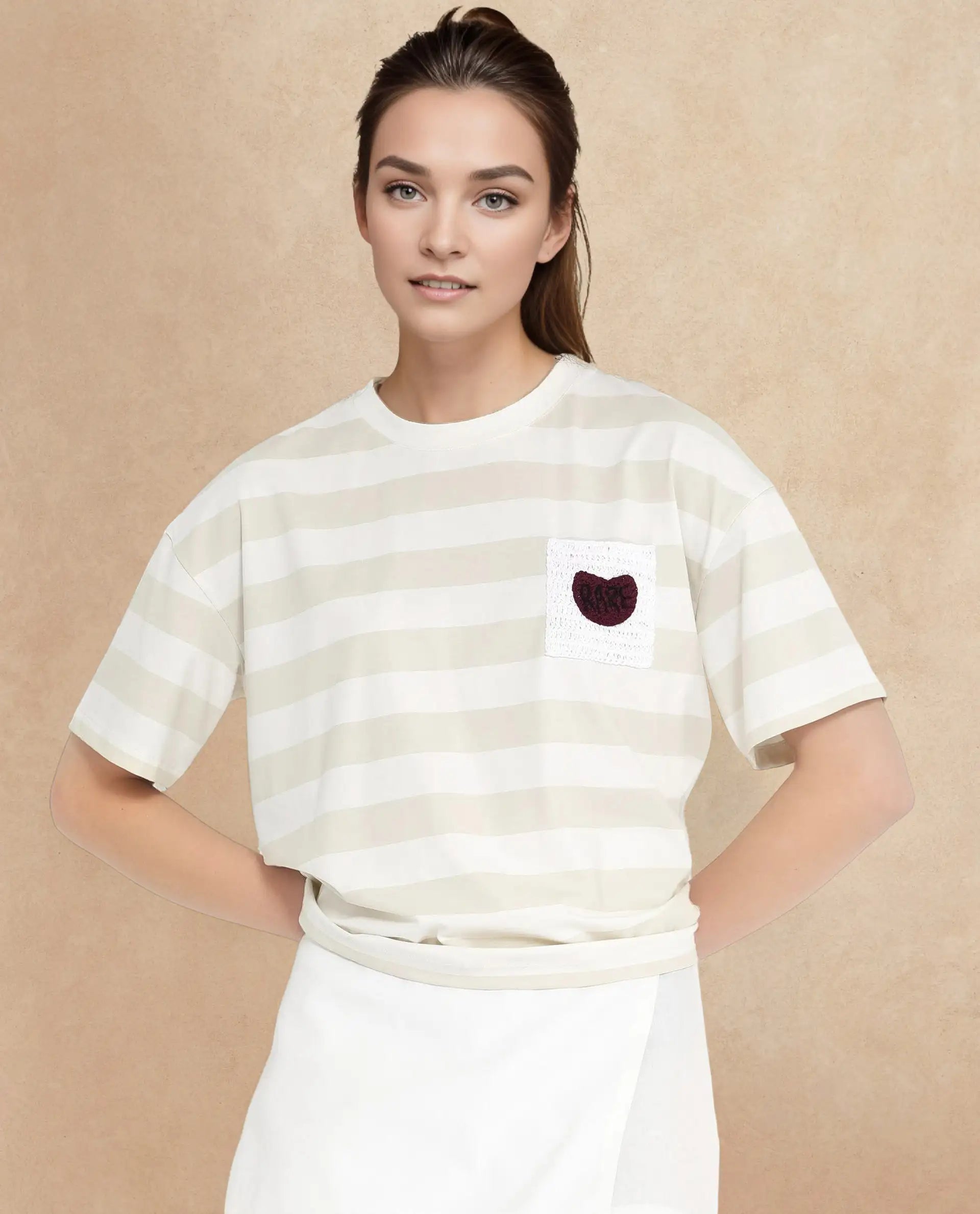 Rareism Women's Prandant Off White Cotton Blend Crew Neck Striped Boxy Fit T-Shirt