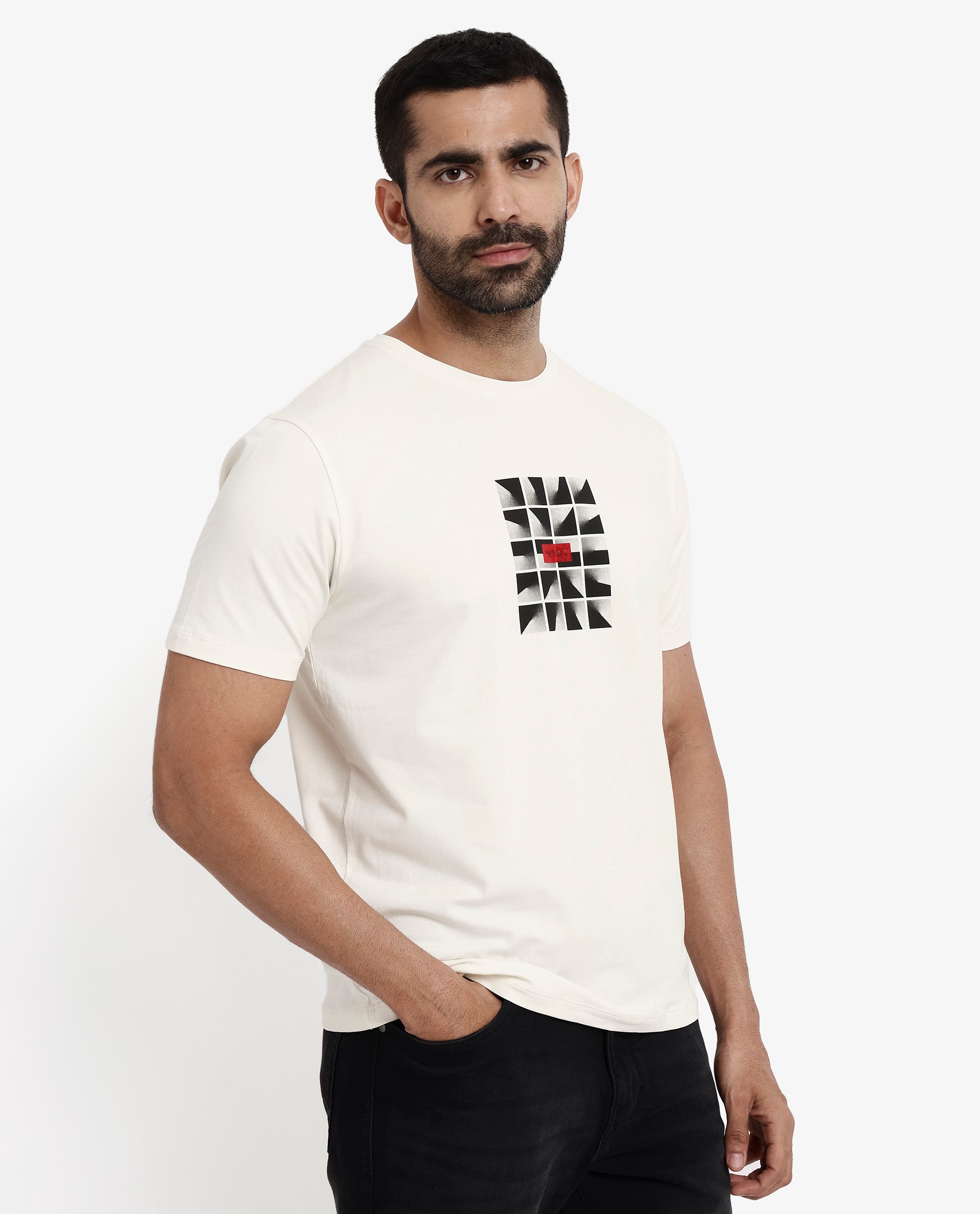 Rare Rabbit Men Pran Off White Cotton Fabric Short Sleeve Crew Neck Regular Fit Graphic Print T-Shirt