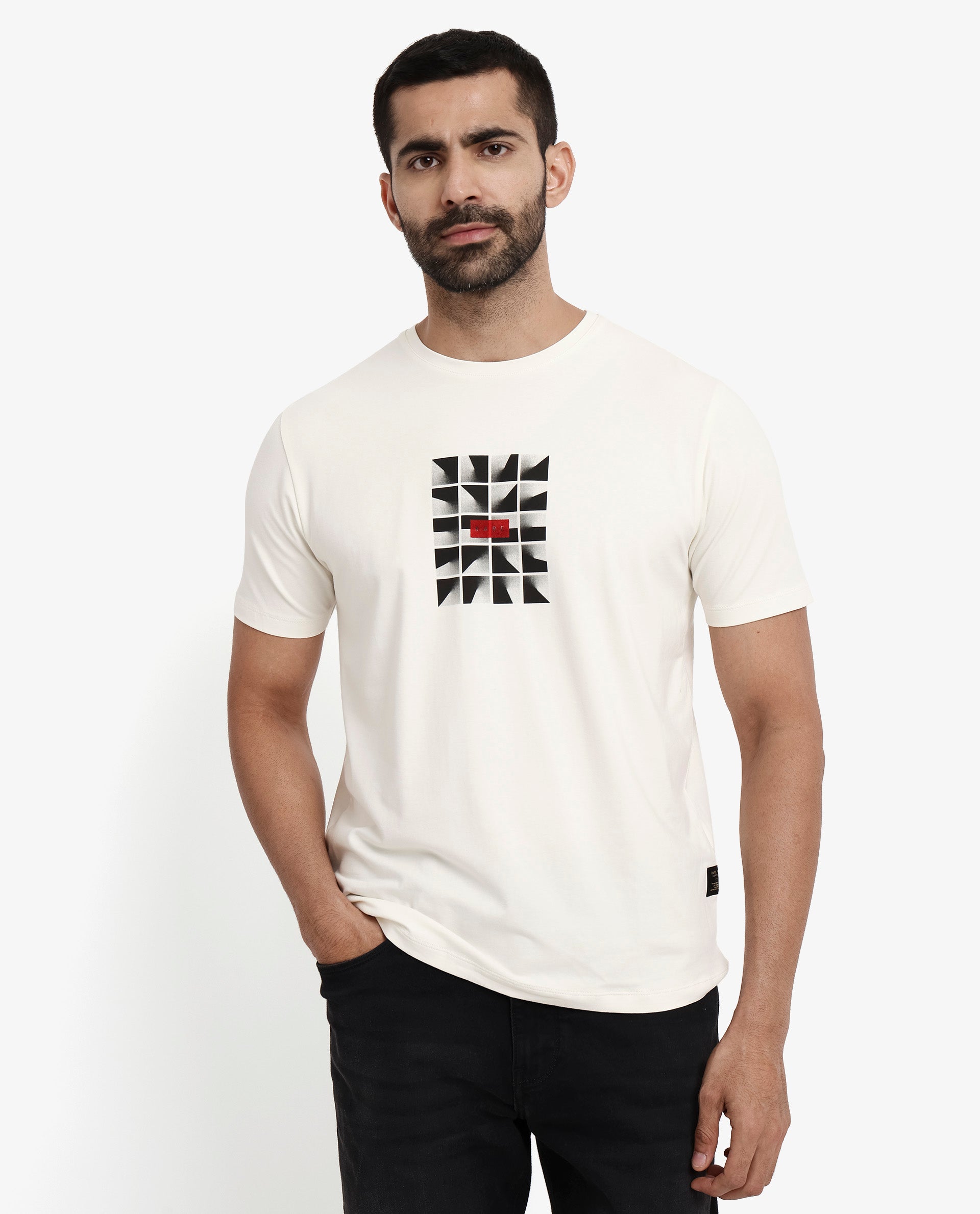 Rare Rabbit Men Pran Off White Cotton Fabric Short Sleeve Crew Neck Regular Fit Graphic Print T-Shirt