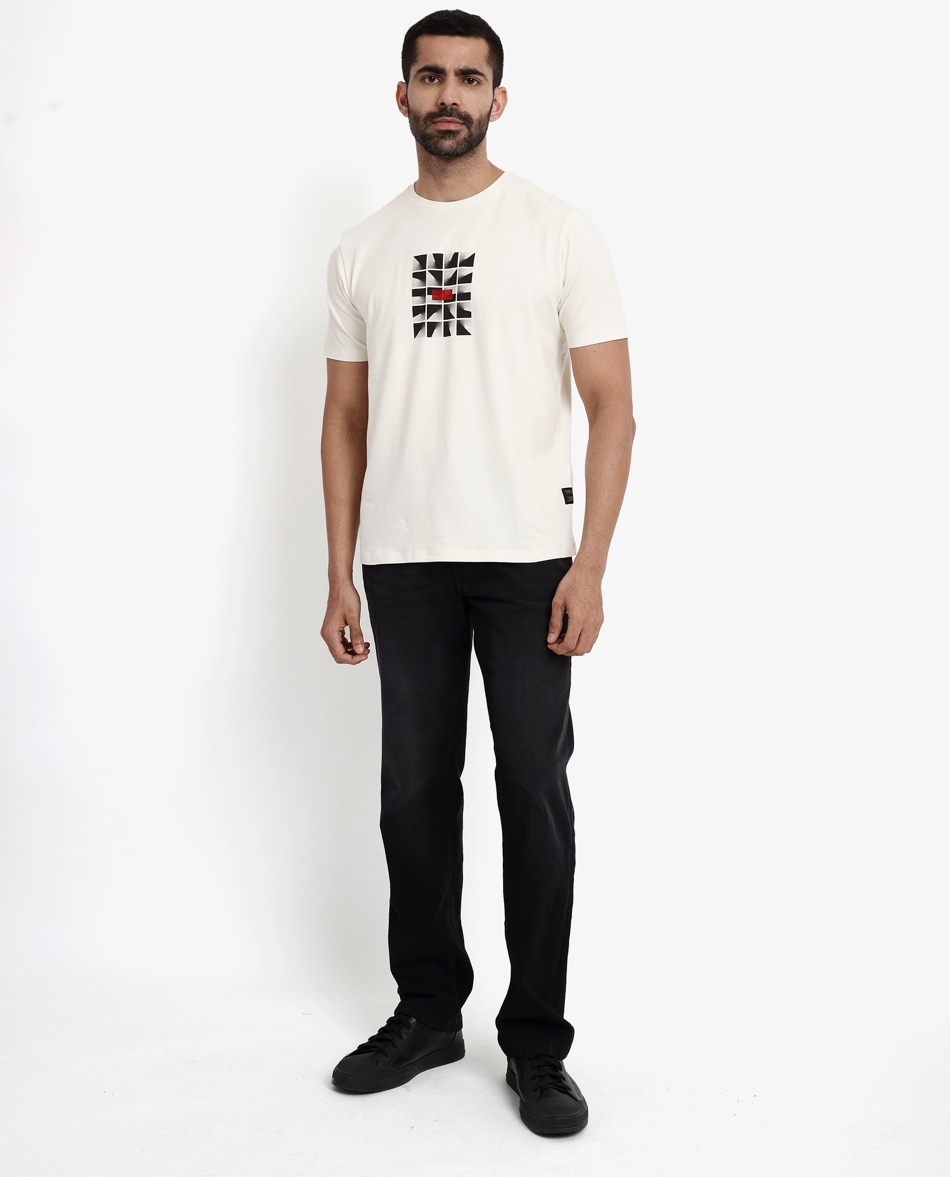 Rare Rabbit Men Pran Off White Cotton Fabric Short Sleeve Crew Neck Regular Fit Graphic Print T-Shirt