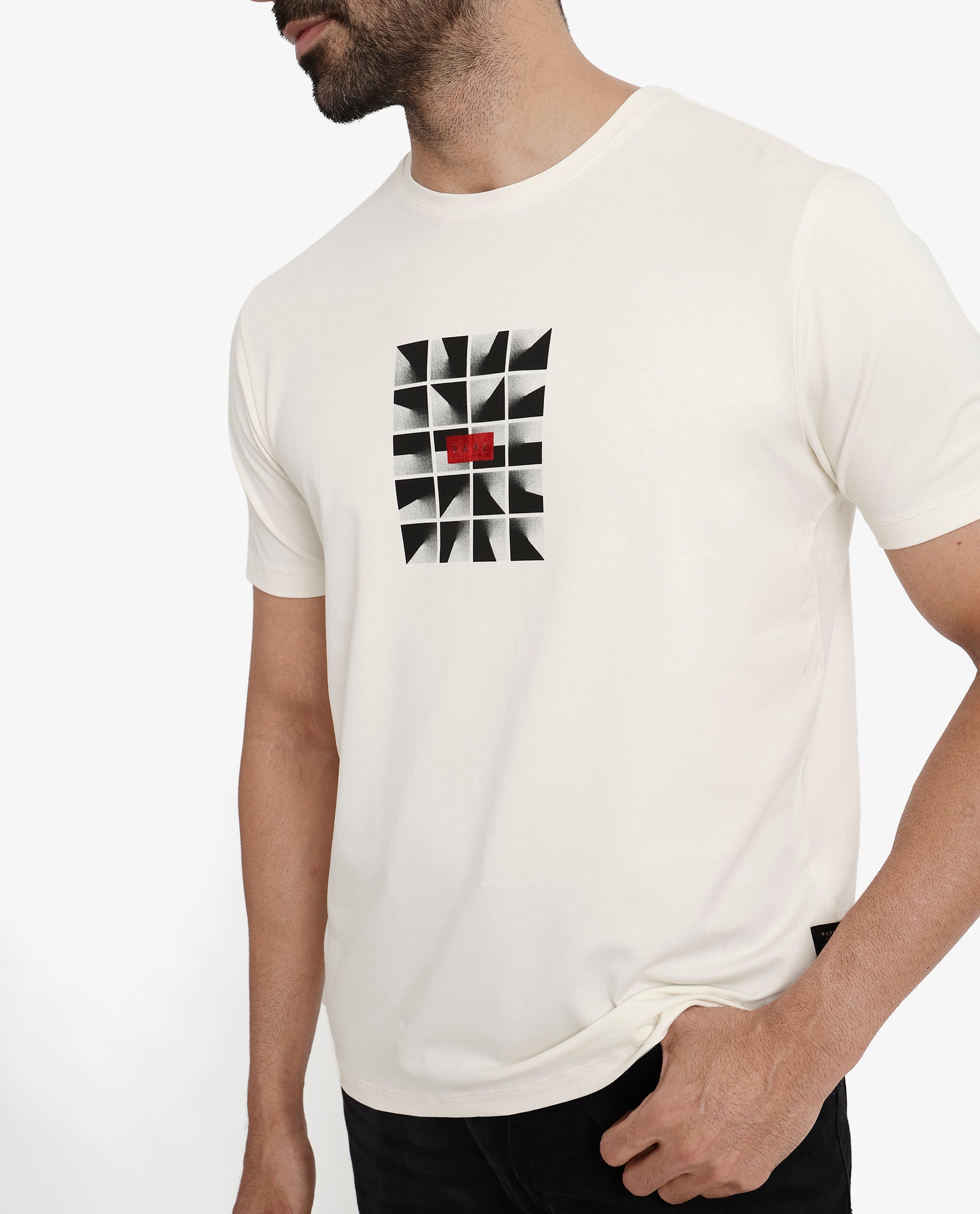 Rare Rabbit Men Pran Off White Cotton Fabric Short Sleeve Crew Neck Regular Fit Graphic Print T-Shirt