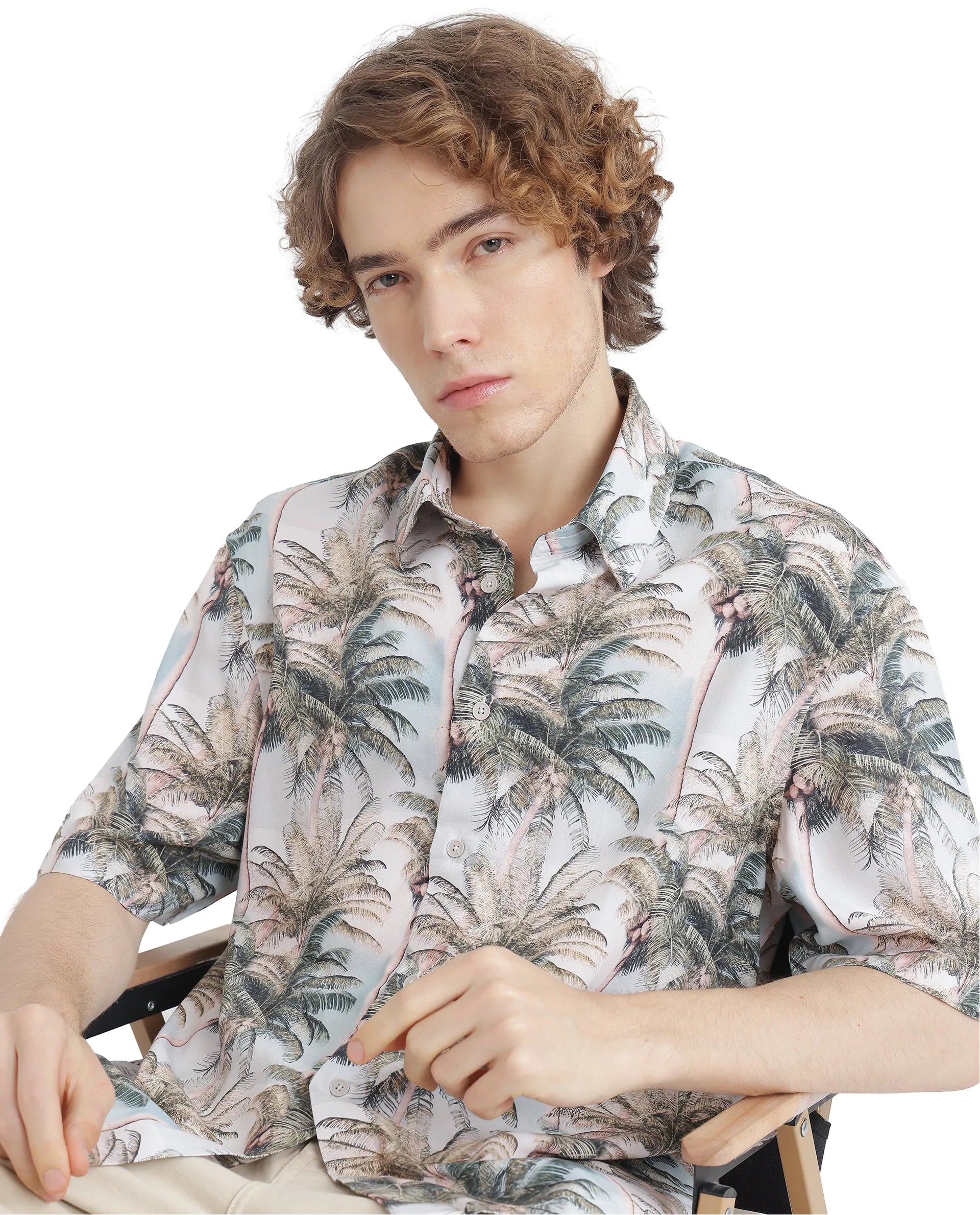 Rare Rabbit Men's Pratts Offwhite Cotton Fabric Regular Fit Short Sleeve Botanical Print Shirt