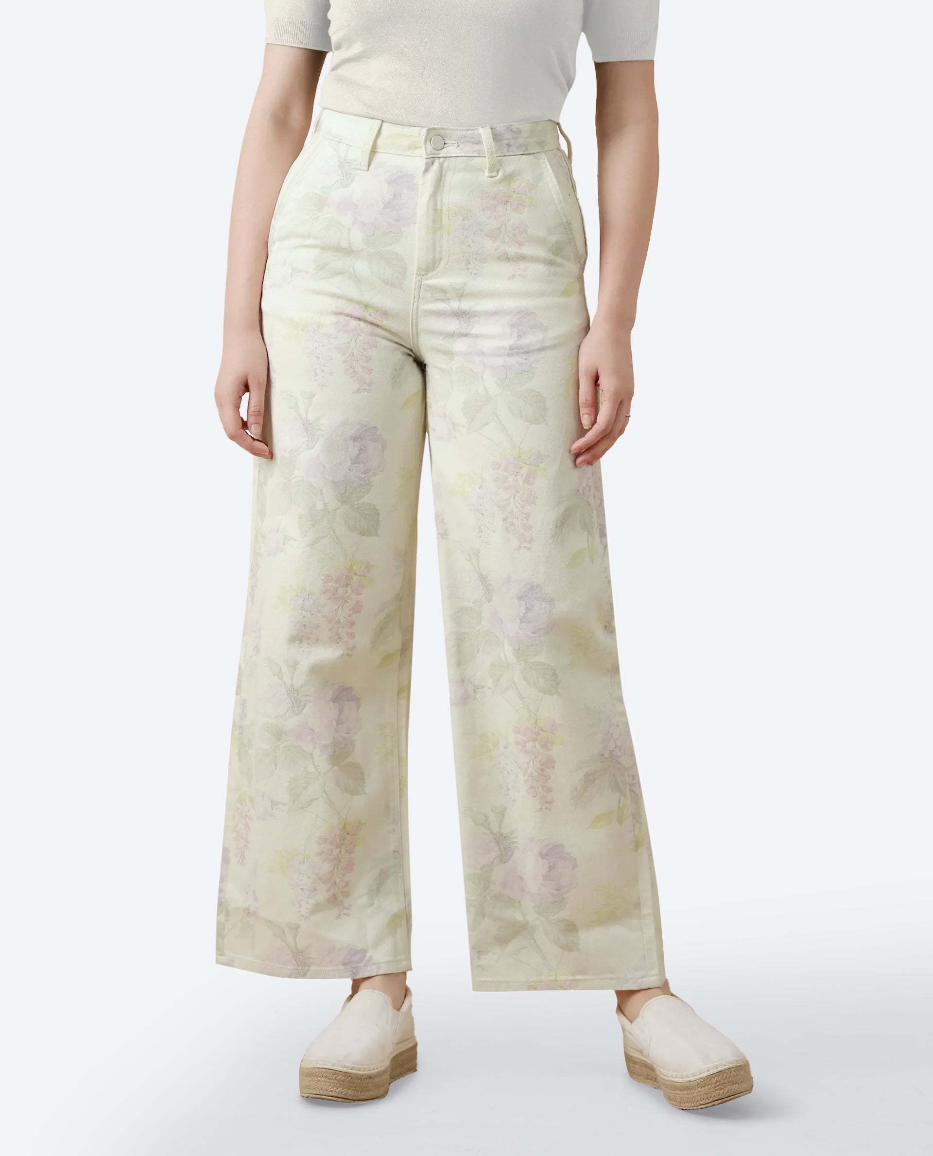 Rareism Women's Prebin-B Multi Cotton Floral Print Ankle Length Wide Trouser