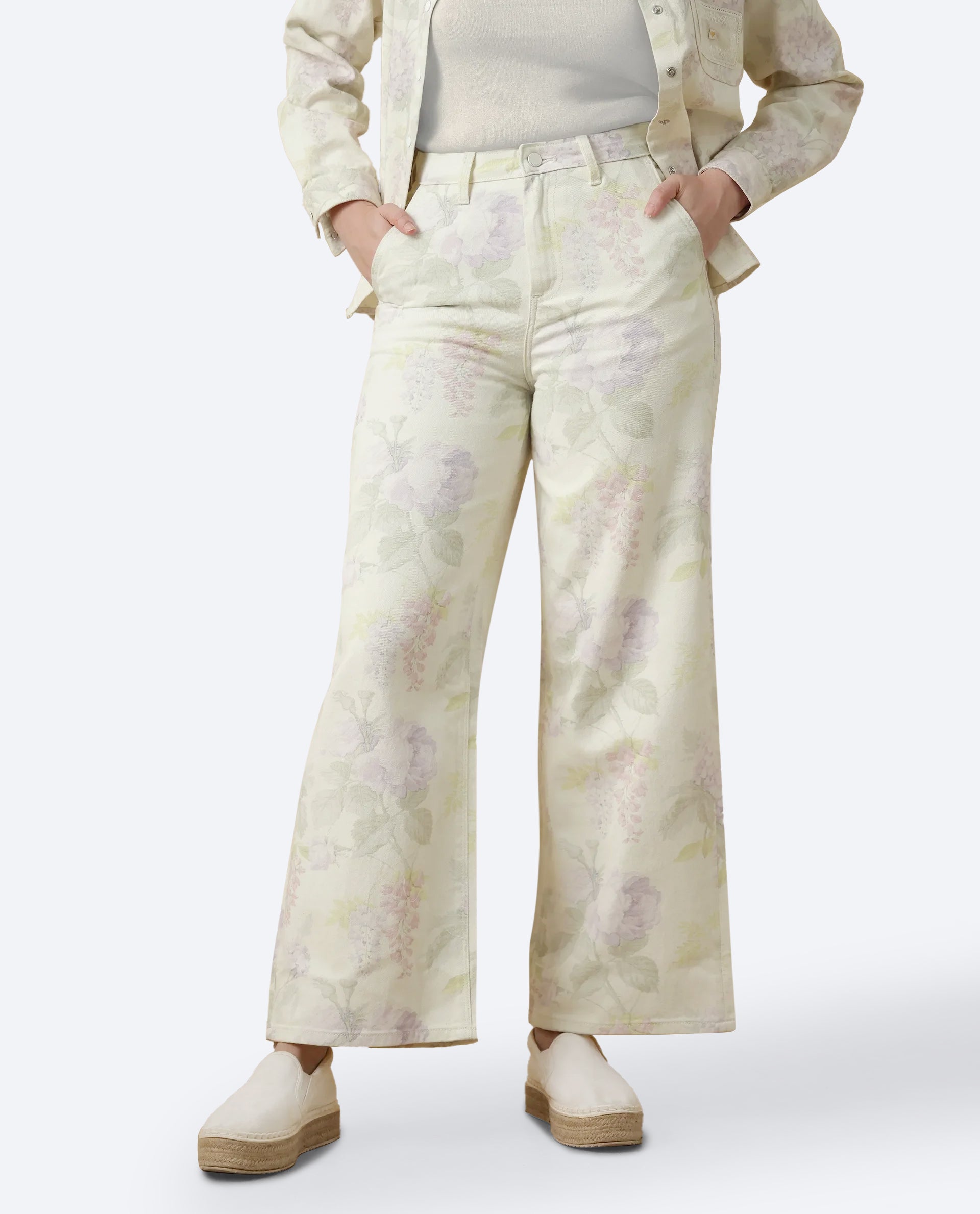 Rareism Women's Prebin-B Multi Cotton Floral Print Ankle Length Wide Trouser