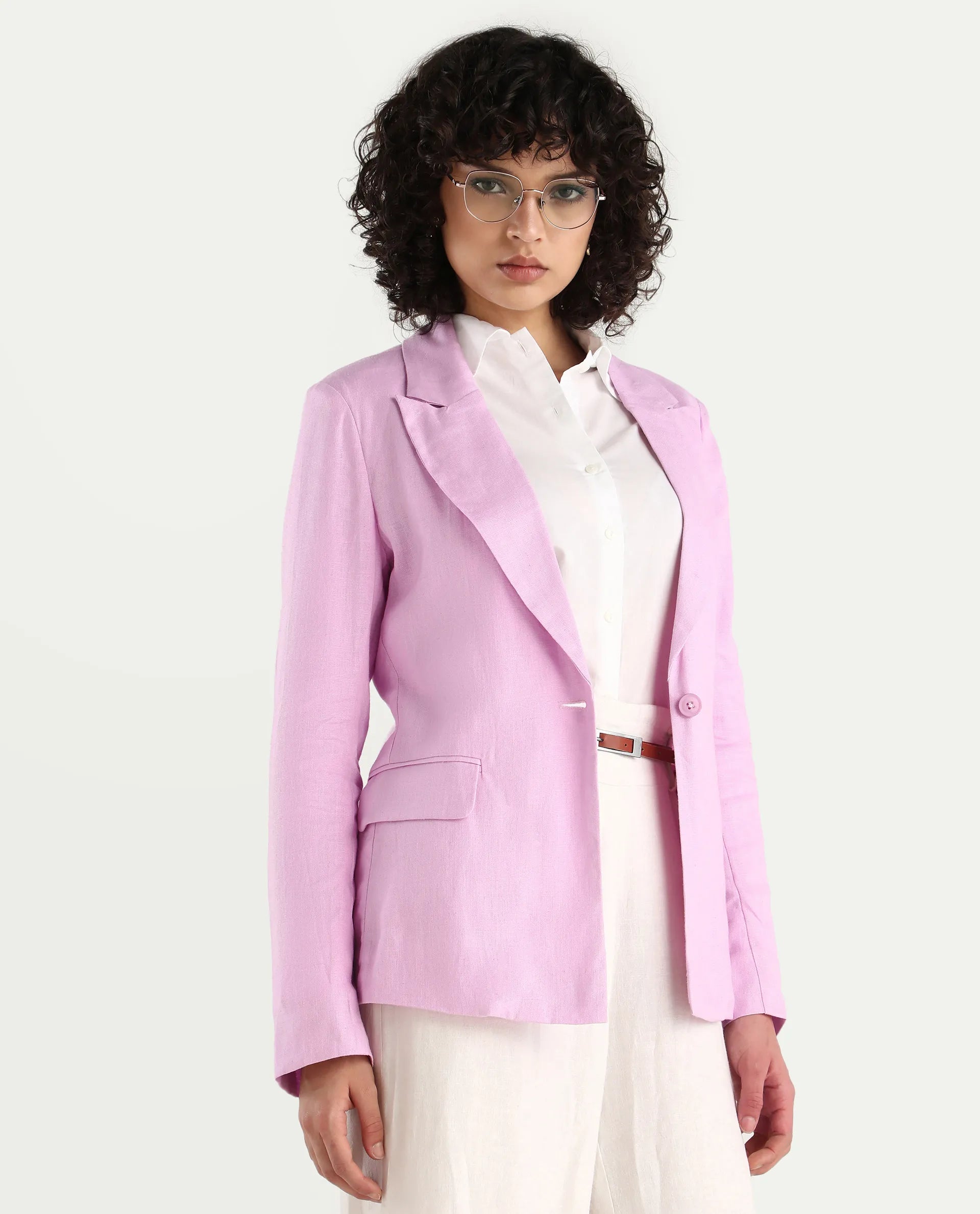 Rareism Women's Precy Pink Linen Lapel Neck Plain Regular Fit Blazer