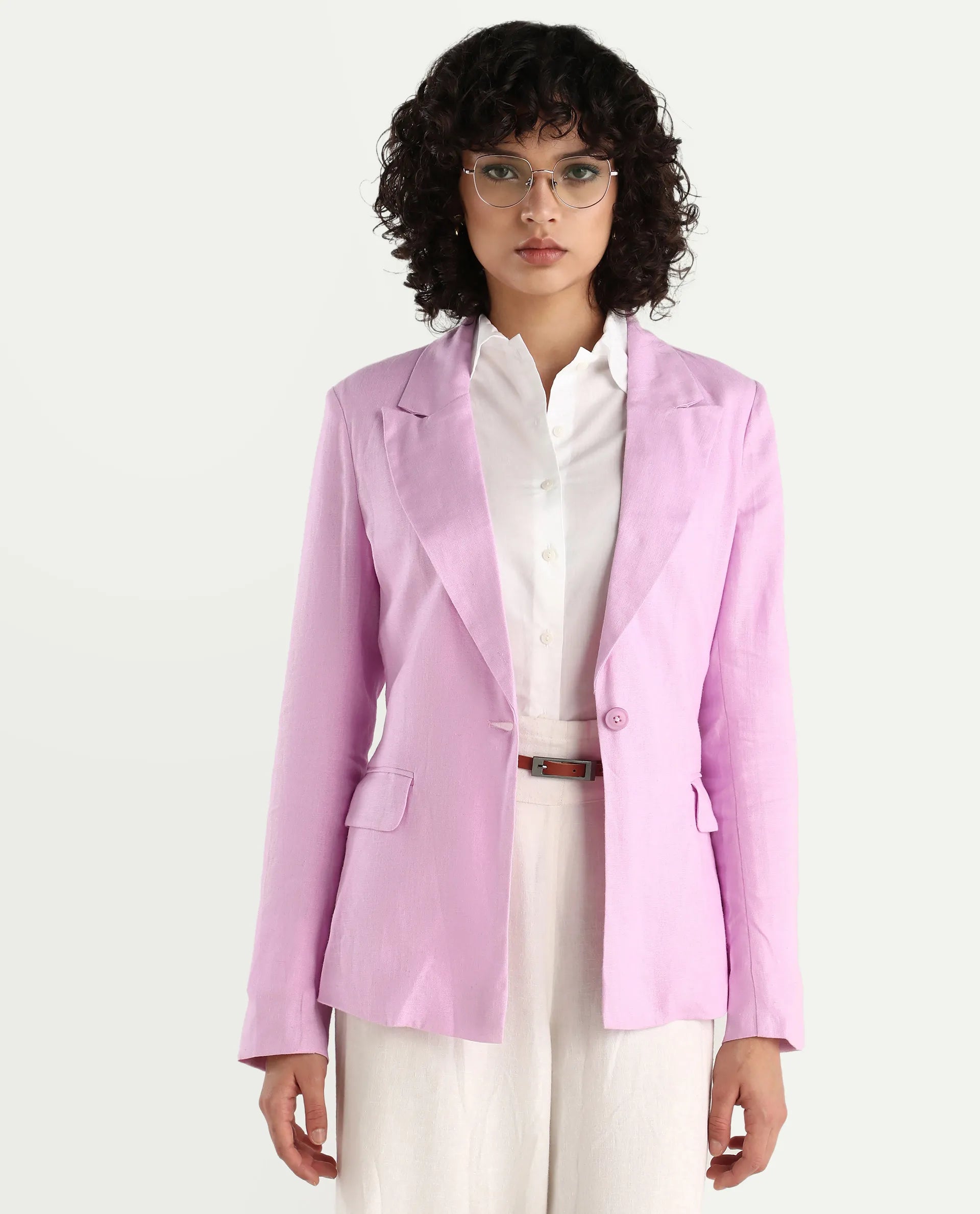 Rareism Women's Precy Pink Linen Lapel Neck Plain Regular Fit Blazer
