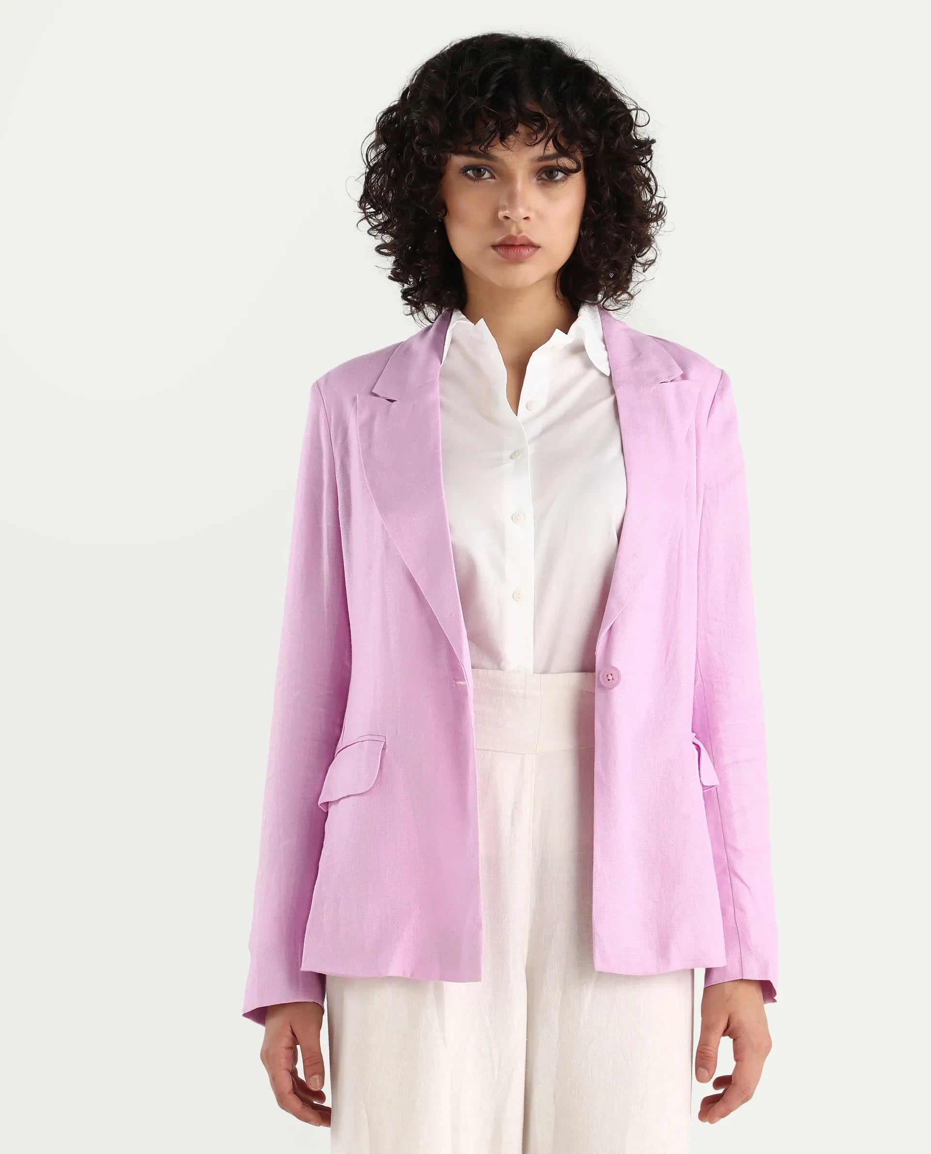 Rareism Women's Precy Pink Linen Lapel Neck Plain Regular Fit Blazer