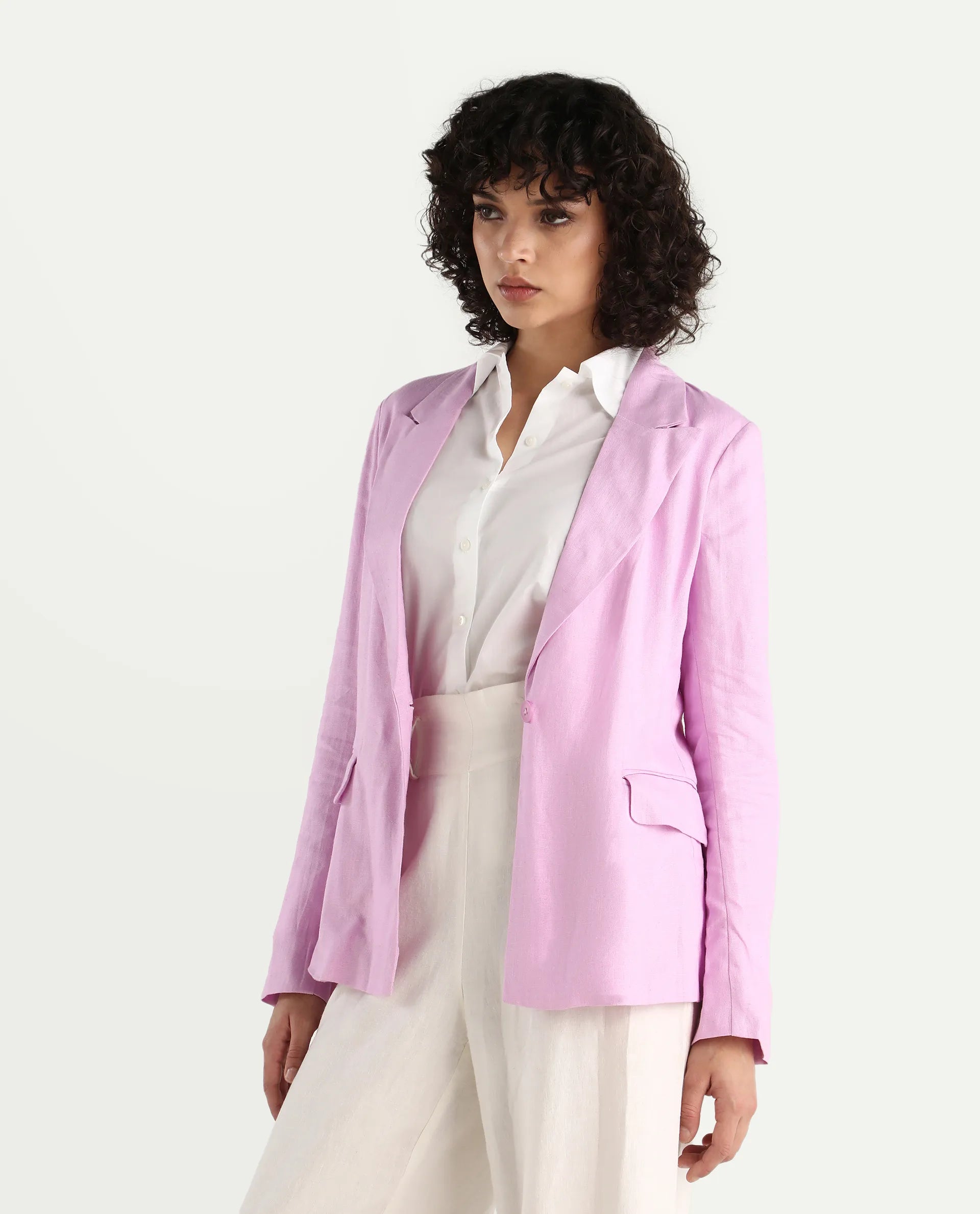 Rareism Women's Precy Pink Linen Lapel Neck Plain Regular Fit Blazer