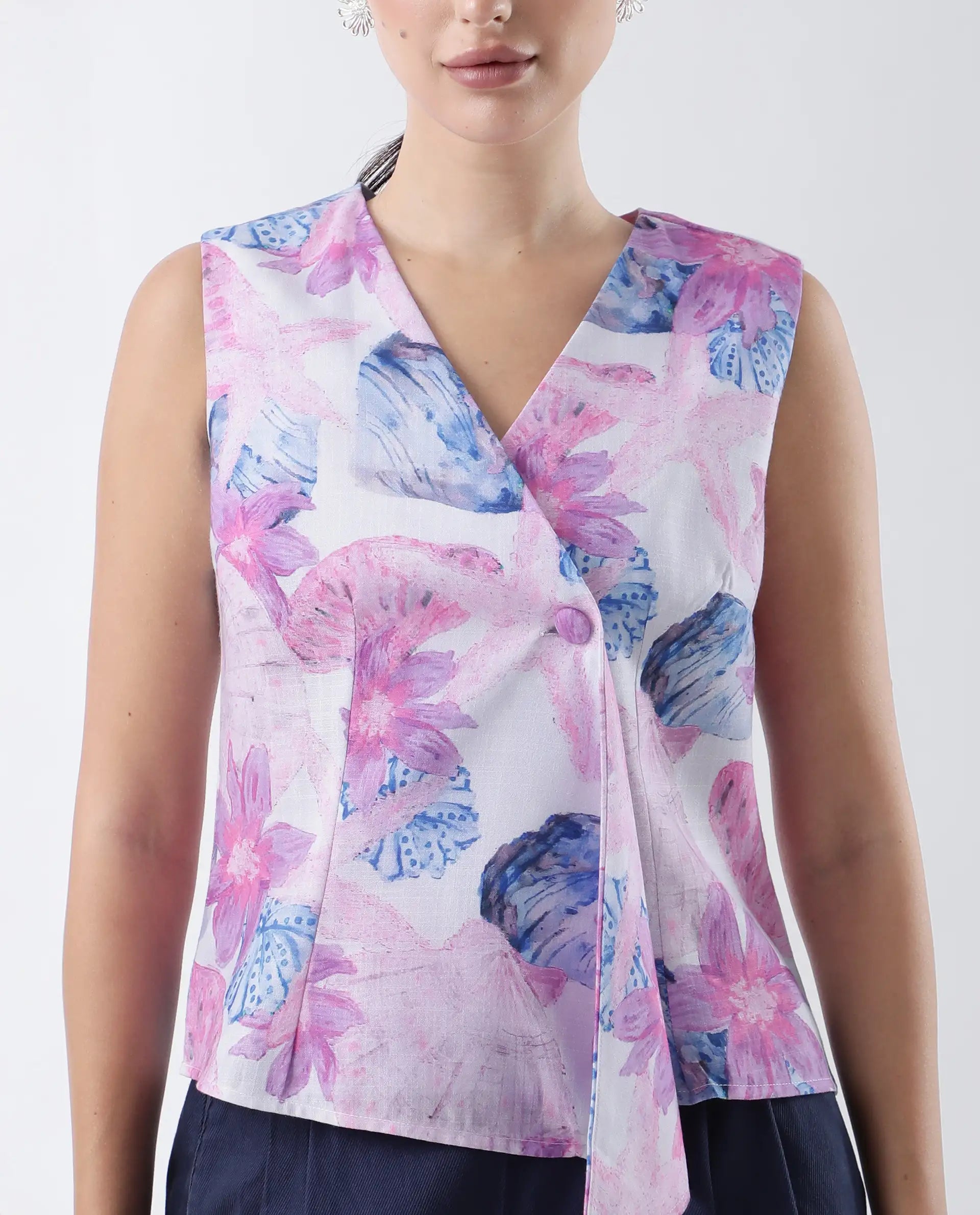 Rareism Women's Predin-T Multi Polyester Overlap Neck Abstract Print Sleeveless Regular Fit Top