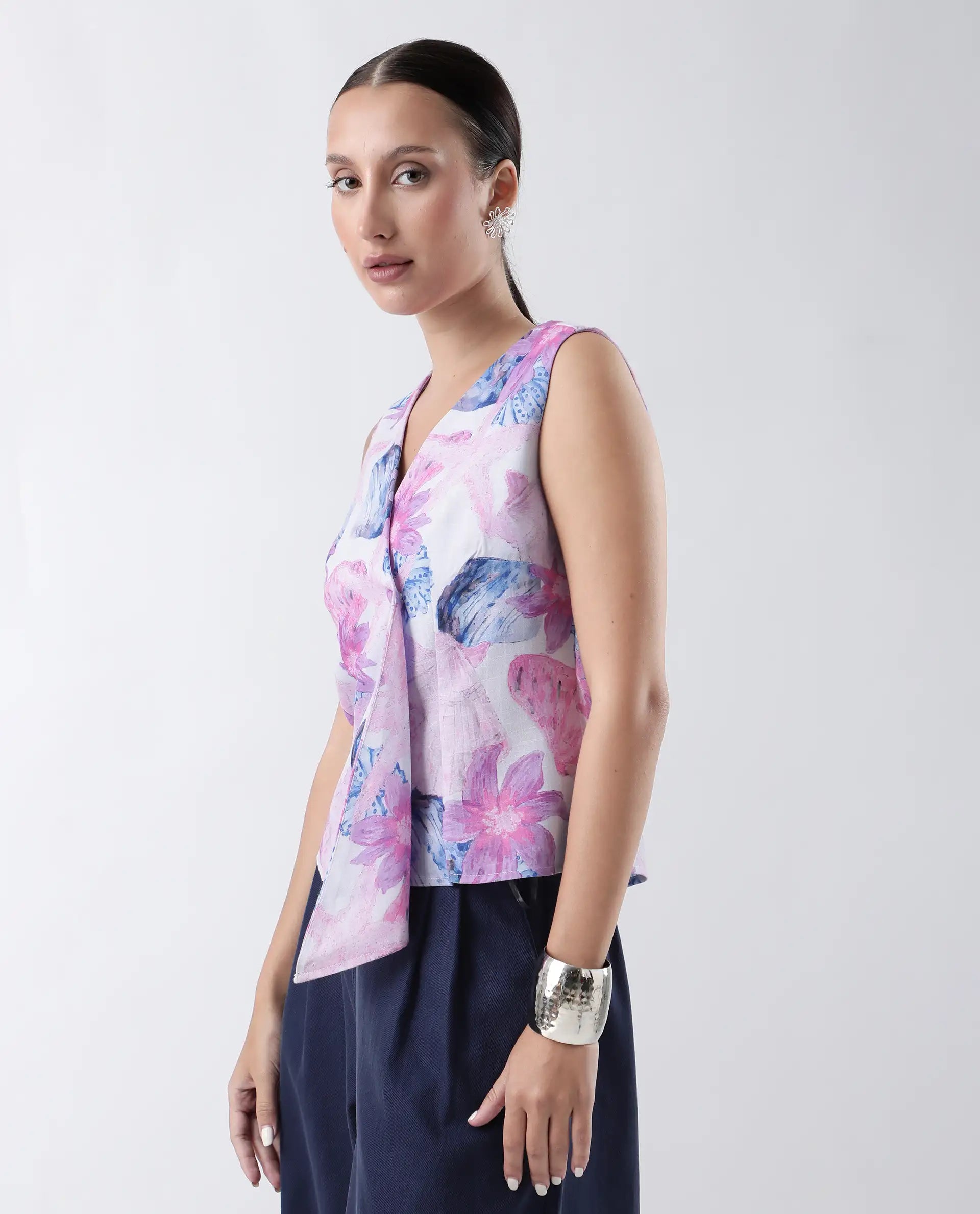 Rareism Women's Predin-T Multi Polyester Overlap Neck Abstract Print Sleeveless Regular Fit Top