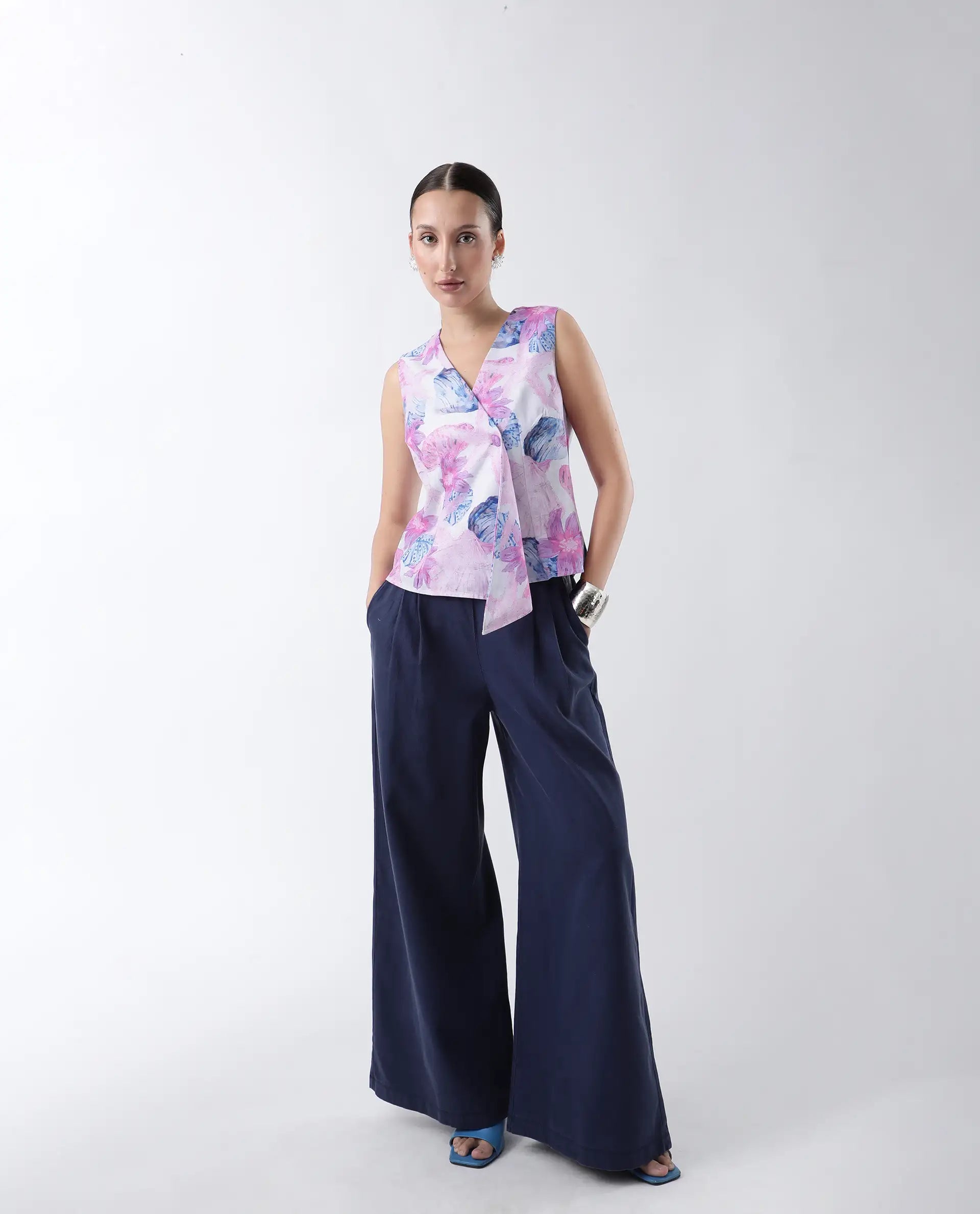 Rareism Women's Predin-T Multi Polyester Overlap Neck Abstract Print Sleeveless Regular Fit Top