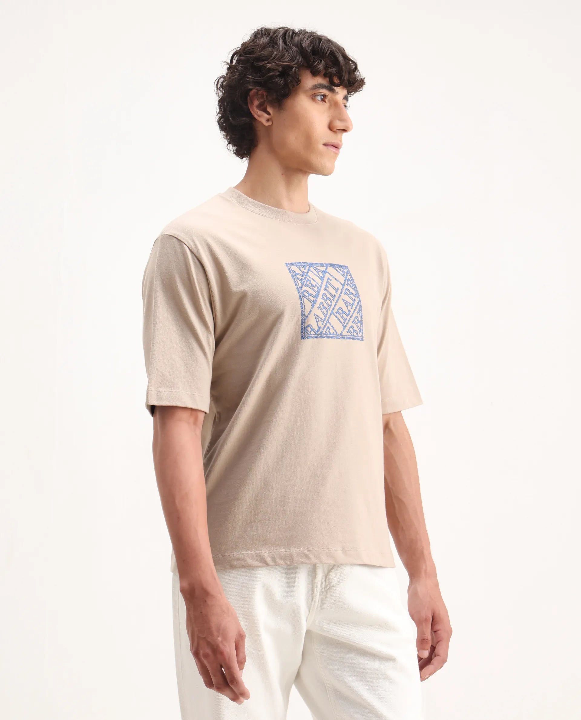 Rare Rabbit Men's Pree Beige Cotton Embroidered Regular Fit Half Sleeve Crew Neck T-Shirt