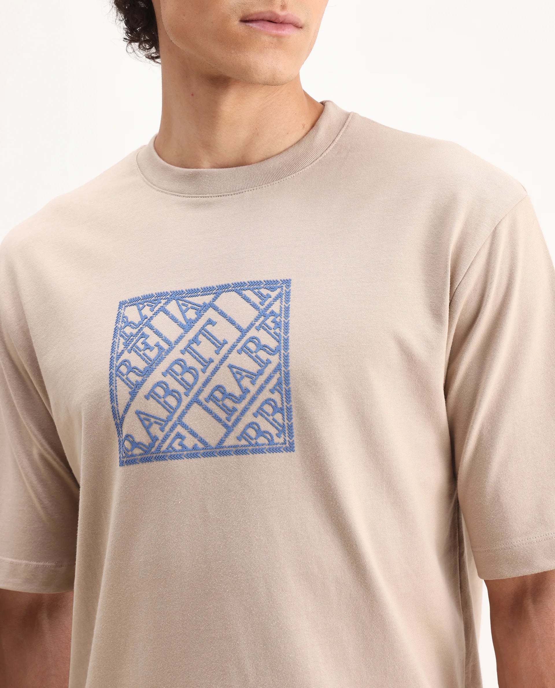 Rare Rabbit Men's Pree Beige Cotton Embroidered Regular Fit Half Sleeve Crew Neck T-Shirt