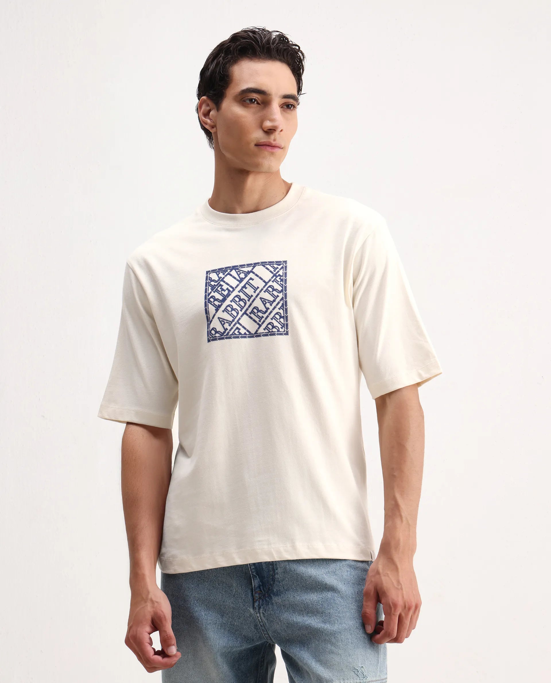 Rare Rabbit Men's Pree Off-White Cotton Embroidered Regular Fit Half Sleeve Crew Neck T-Shirt