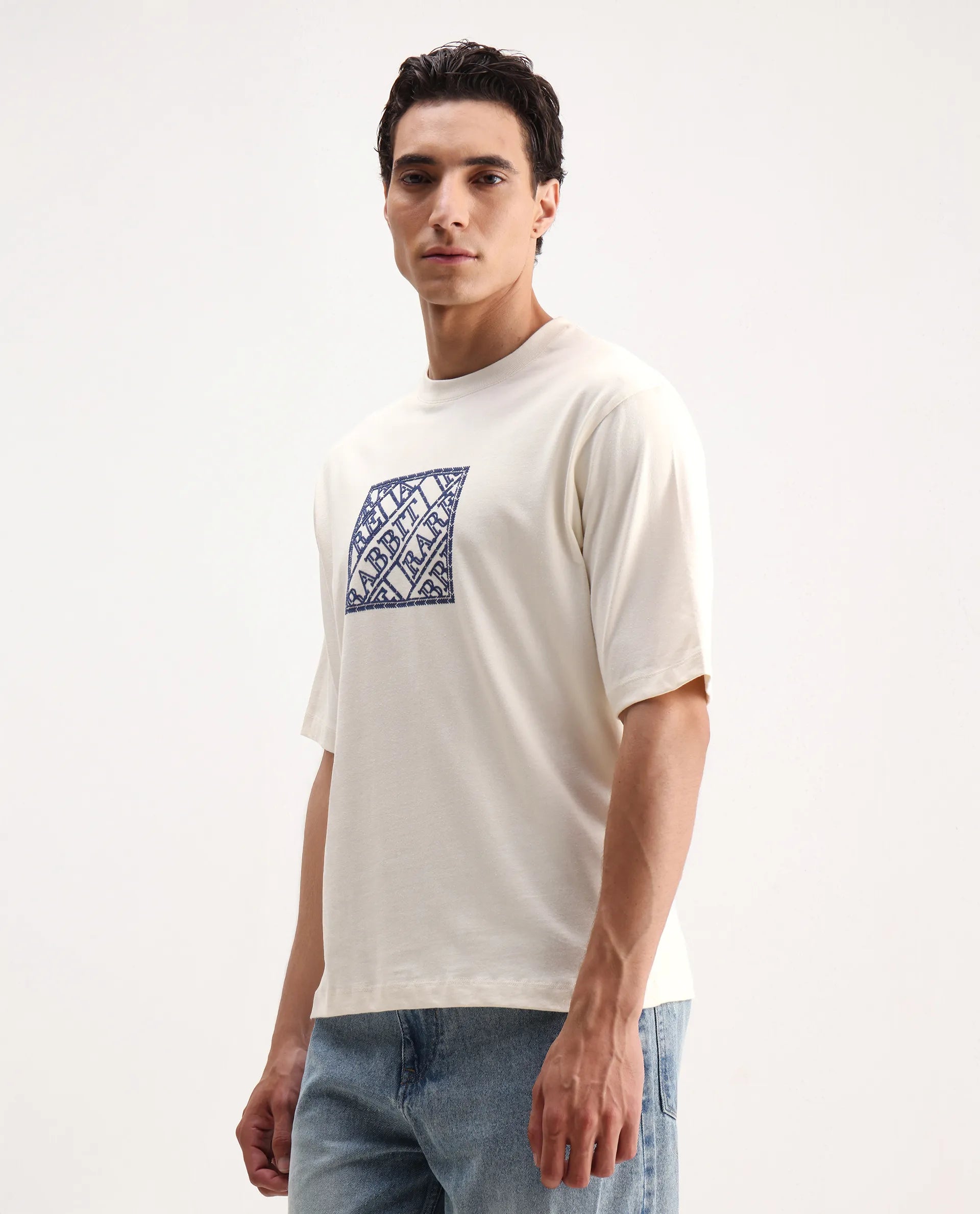 Rare Rabbit Men's Pree Off-White Cotton Embroidered Regular Fit Half Sleeve Crew Neck T-Shirt