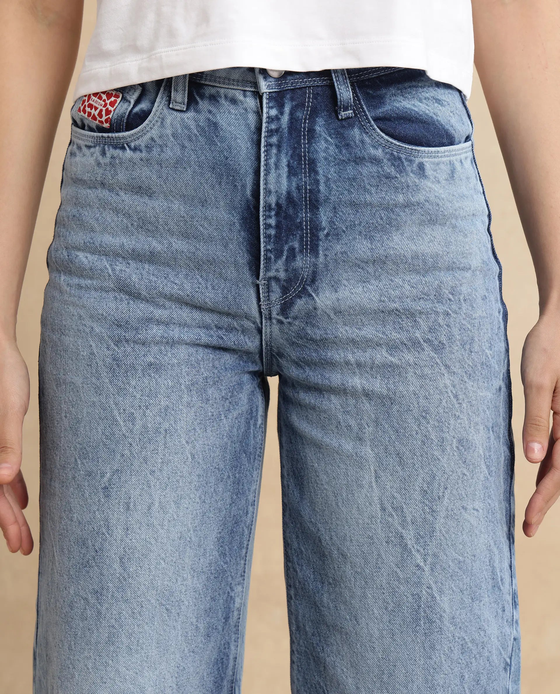 Rareism Women Pref Blue Cotton Fabric Relaxed Fit Plain Jeans