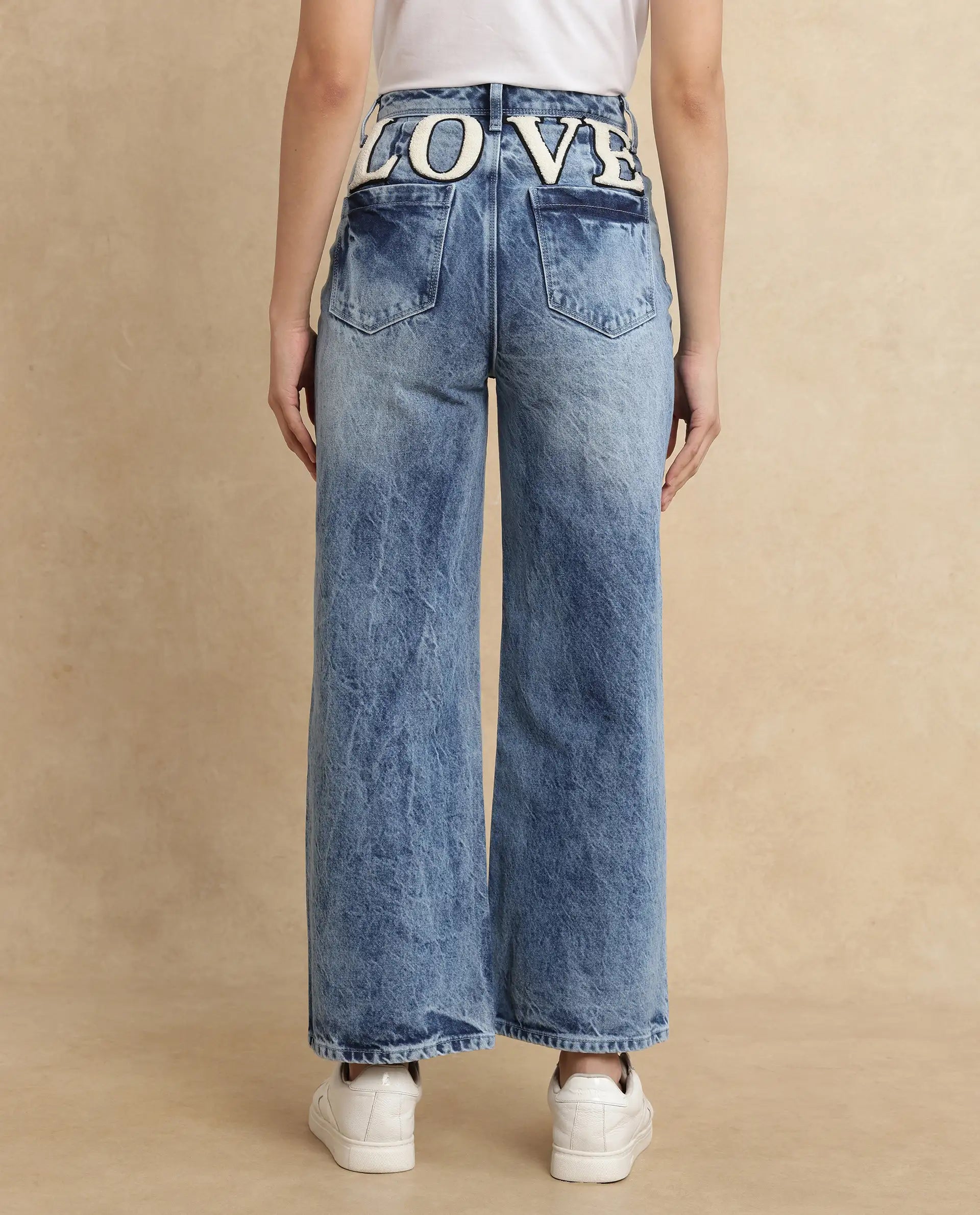 Rareism Women Pref Blue Cotton Fabric Relaxed Fit Plain Jeans